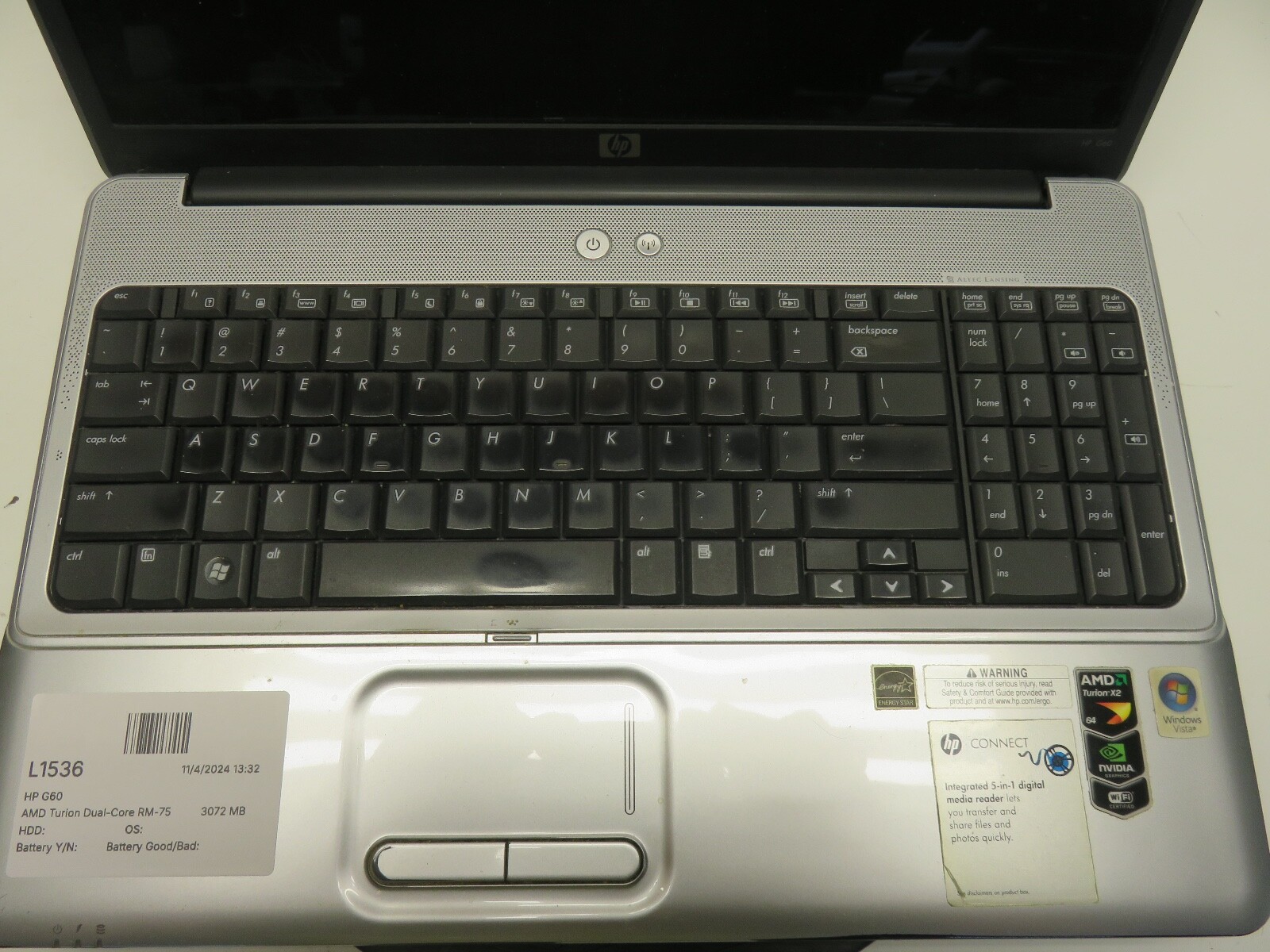 HP G60 AMD Turion Dual-Core RM-75 2200 MHz 3072 MB NO HDD No Batt