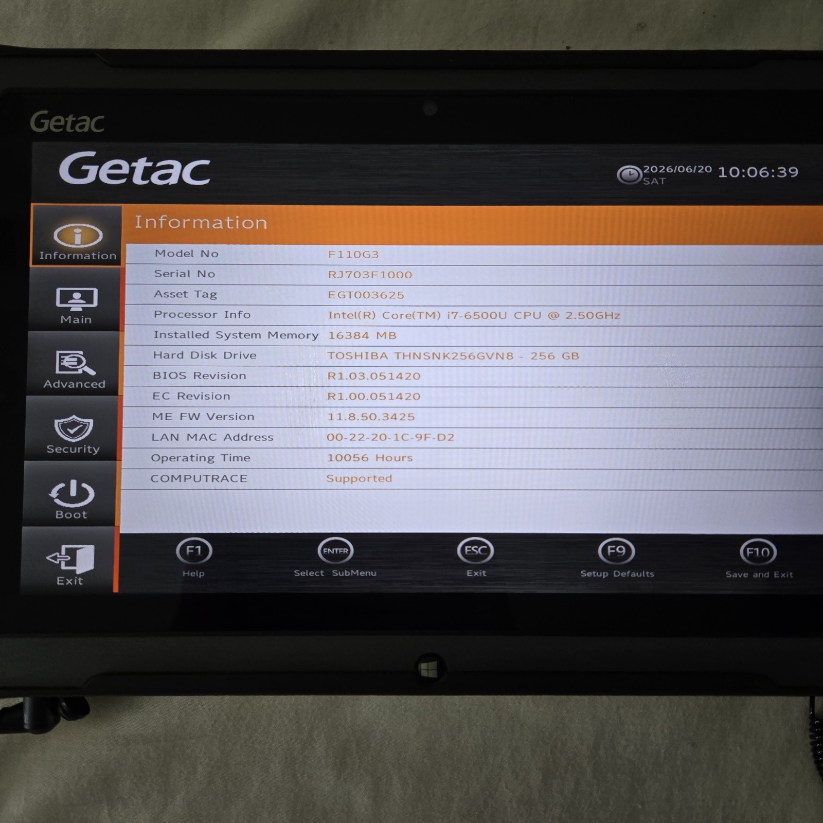 GETAC F110 G3 Rugged Tablet i7-6500U 2.50GHz 256GB SSD 16GB Ram Win10P — LOOK