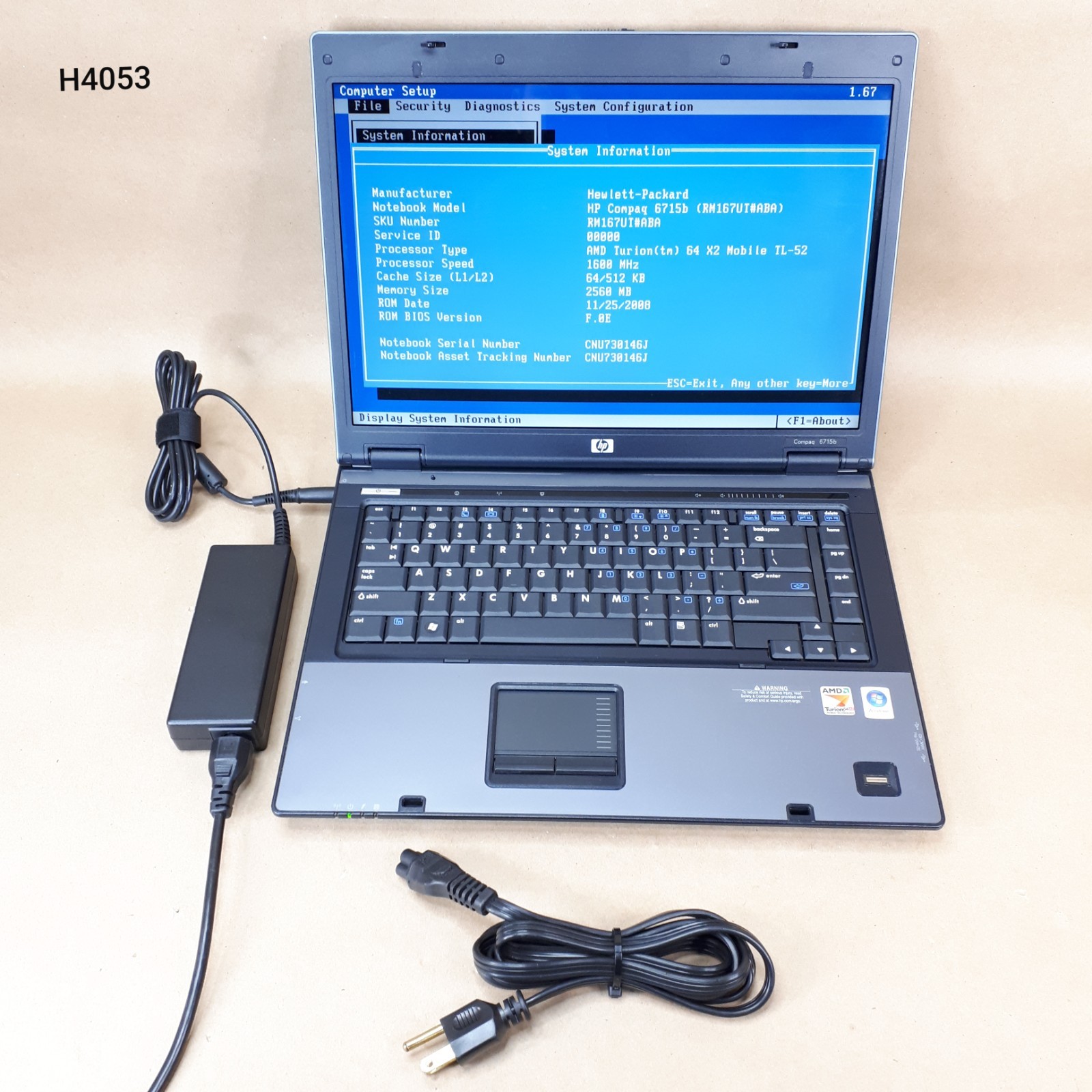 HP Compaq 6715b 15.4″ Laptop AMD Turion 64 X2 4GB RAM 250GB HDD Boots/Bios H4053