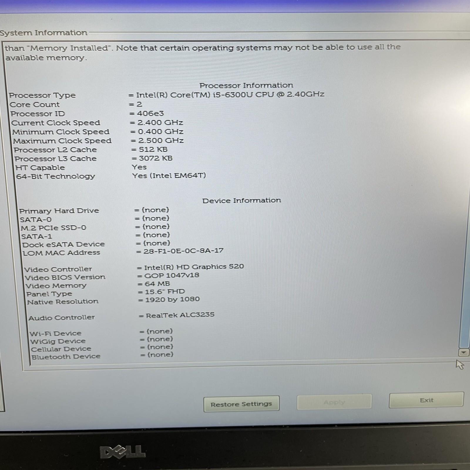 Dell Latitude E5570 15.6″ i5-6300U 2.40 GHz 8 GB RAM No SSD No OS No AC