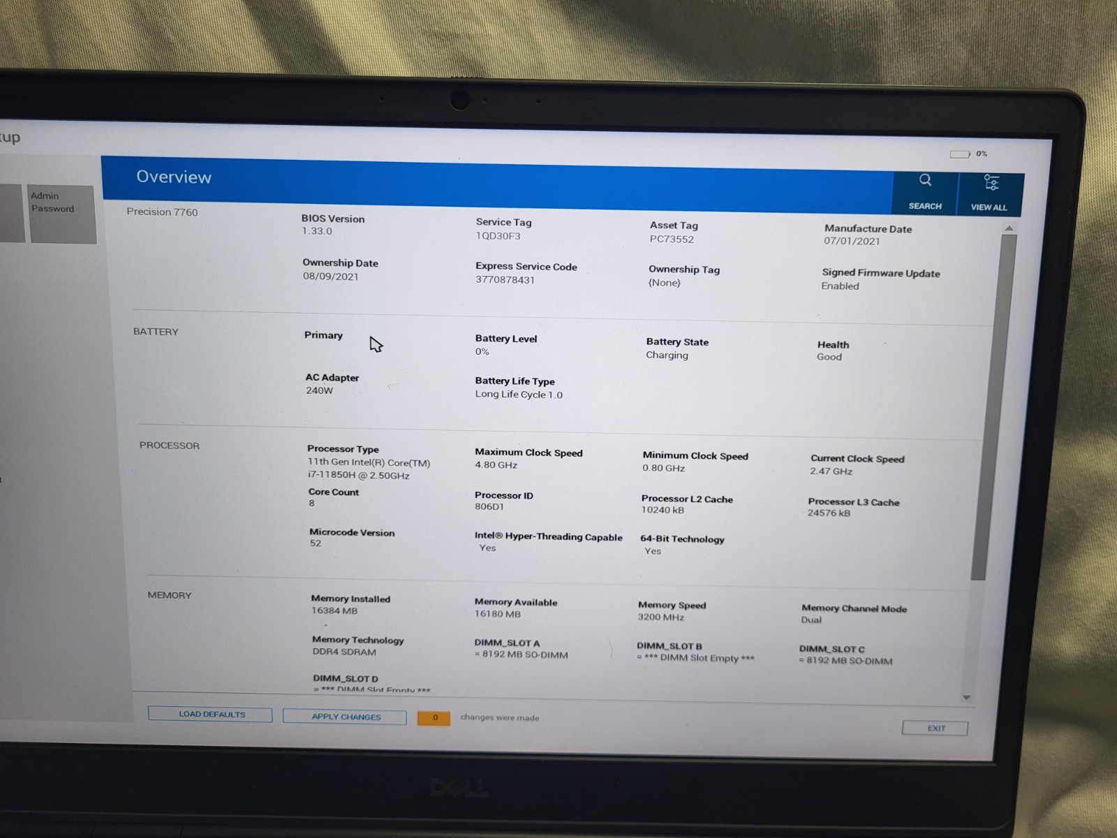 Dell Precision 7760 17.3″ Nvidia RTX A5000 i7 2.5Ghz 16GB 256 SSD Win 11 Pro