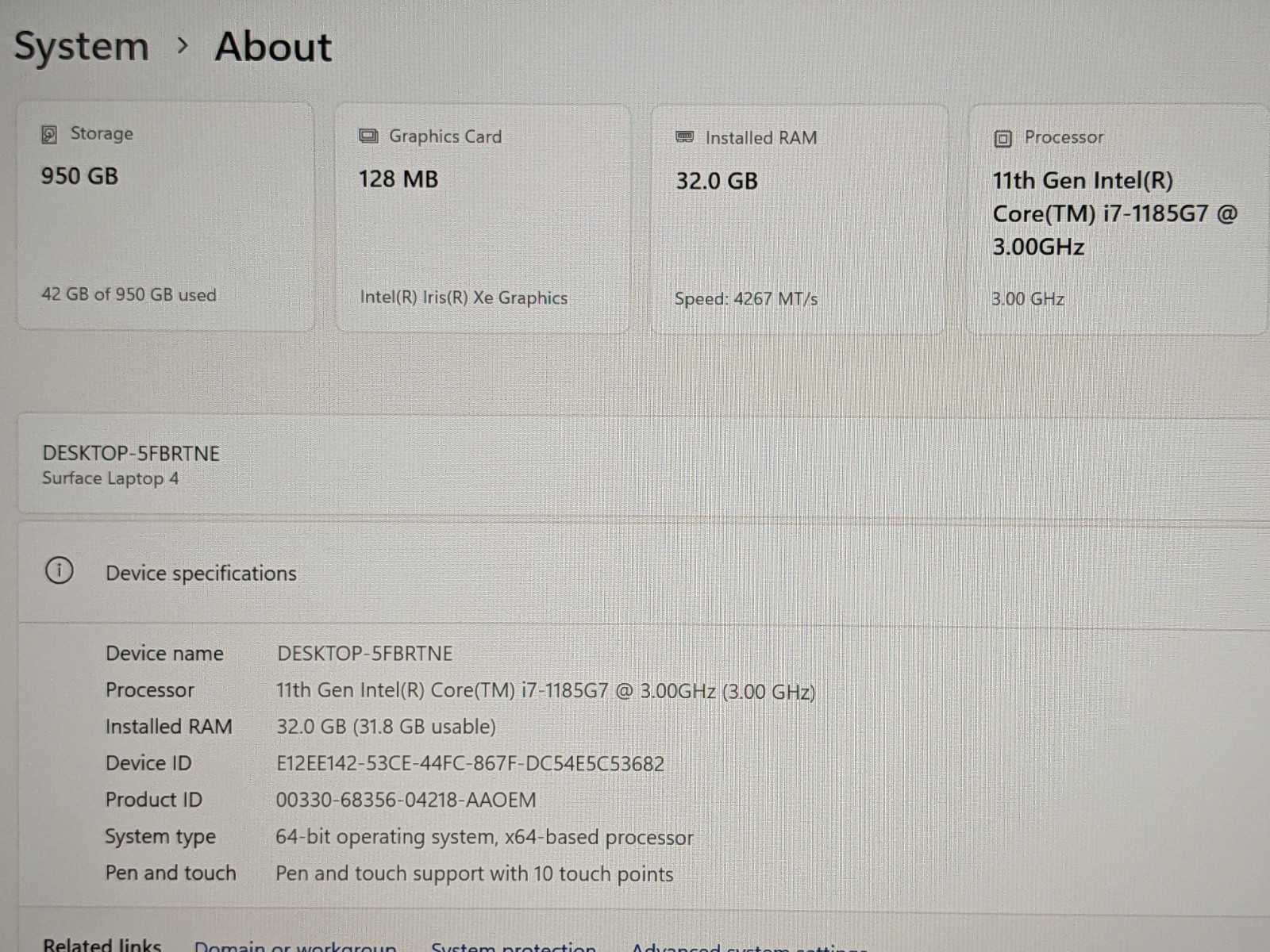 MS Surface Laptop 4 1950:1951 13.5″ 2256×1504 TOUCH i7-11 3GHz 32GB 1TB SSD W11P