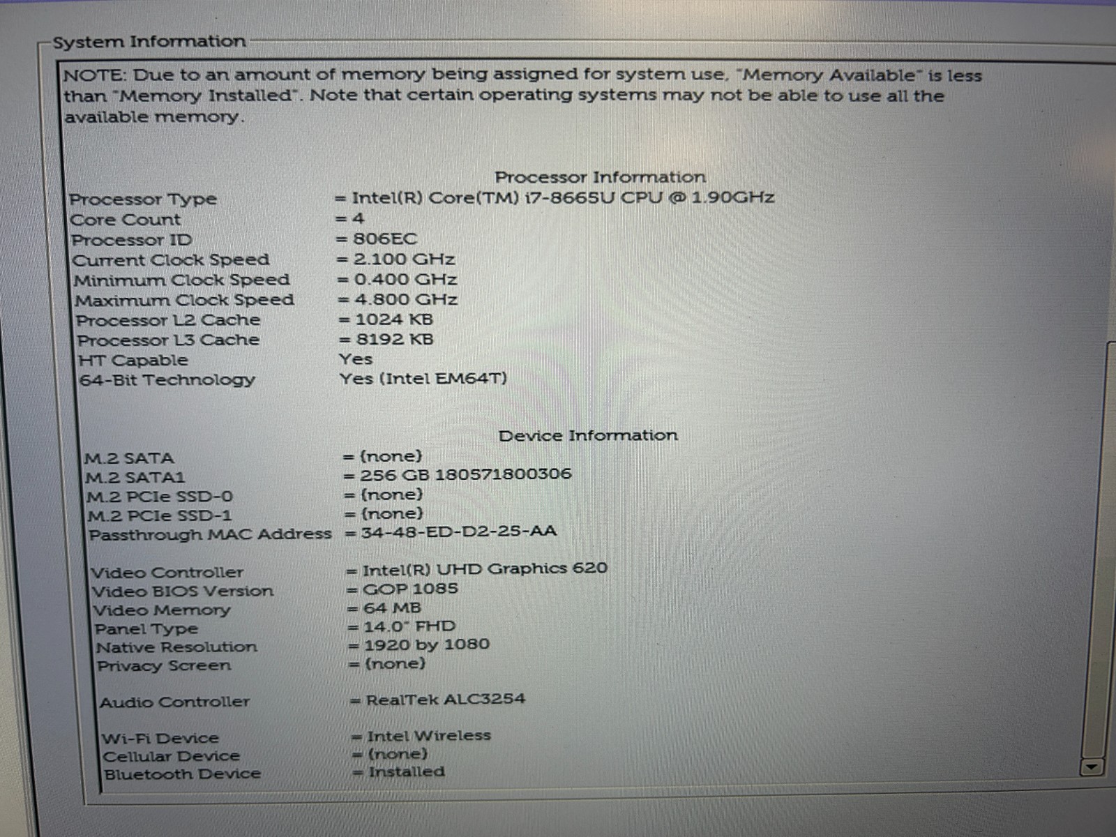 DELL LATITUDE 7400, Intel Core i7-8665U, 1.90 GHz, 20 GB RAM, 256 GB M.2