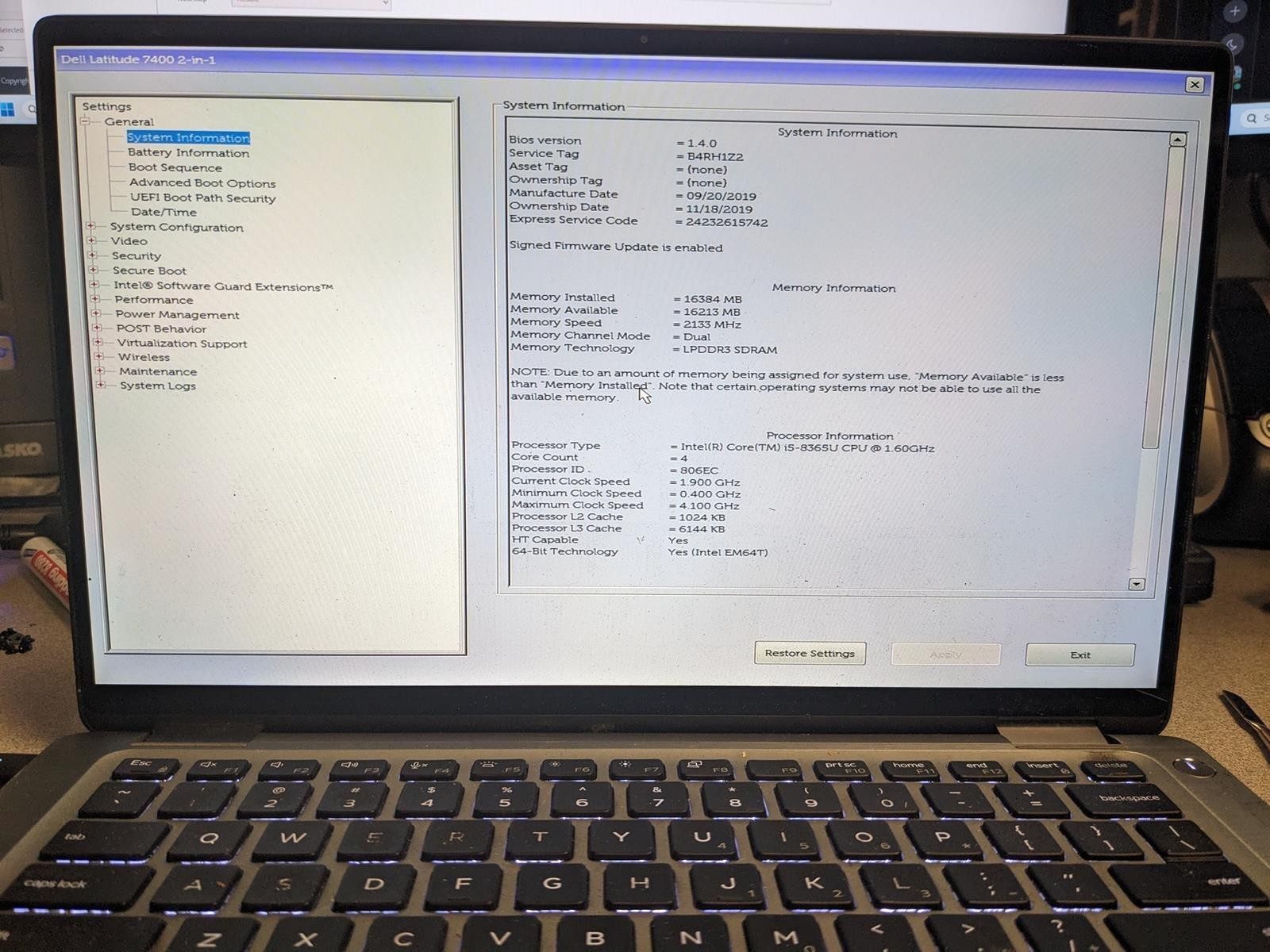 DELL LATITUDE 7400 2-IN-1 i5-8365U @ 1.6GHz, 16GB RAM, NO HDD/OS