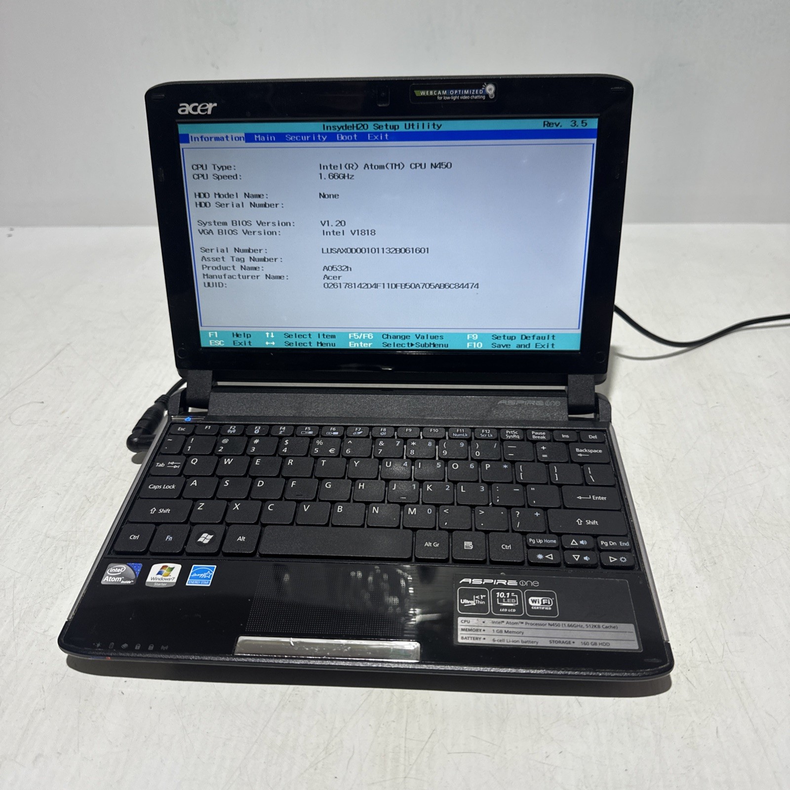 Acer Aspire One Intel Atom N450 2gb Ram No Drives Boots Bios