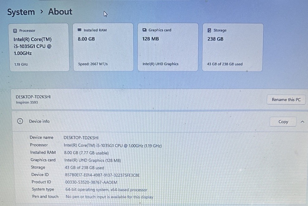 Dell Inspiron 3593 15.6″ (256GB SSD, Intel Core i5-1035G1, 8GB) Laptop Windows11