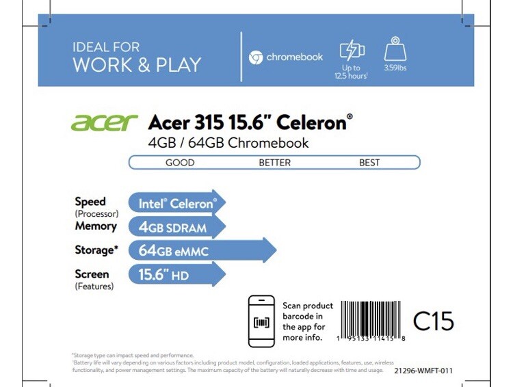 Acer Chromebook 315, 15.6” HD, Intel Celeron N4000, 4GB LPDDR4, Chrome OS