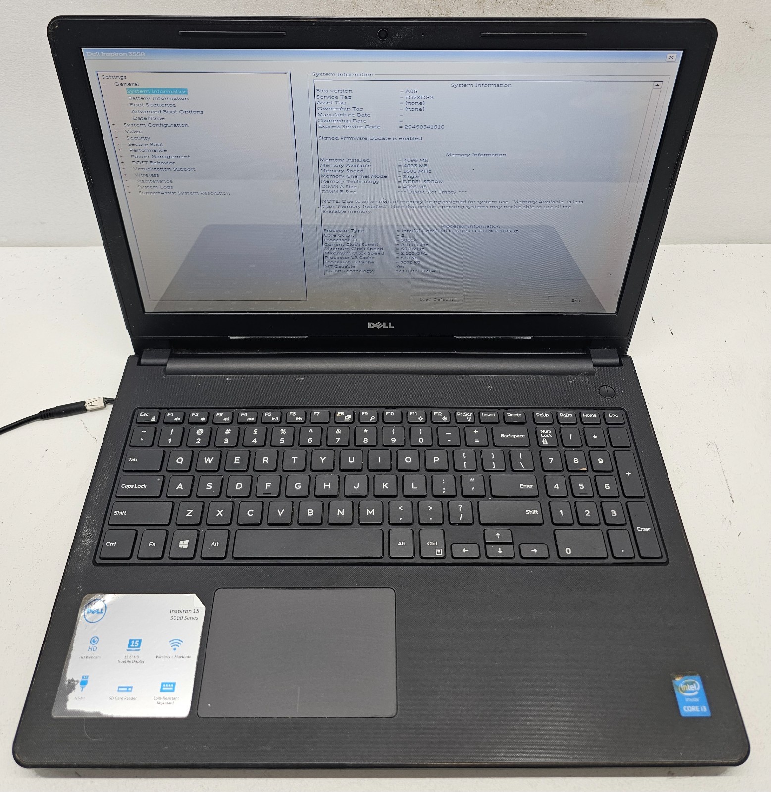Dell Inspiron 15 3558 Laptop Intel Core i3-5015U 4GB Ram NO HD/OS/BATT (FL)