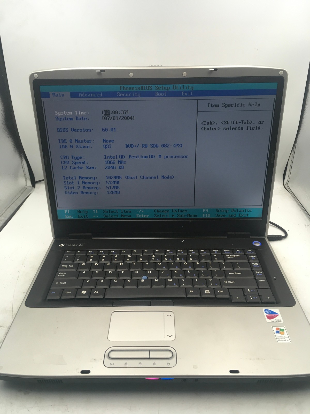 GATEWAY M460 – BOOTS TO BIOS – INTEL PENTIUM M – 1GB RAM – NO OS – READ DESC -BB
