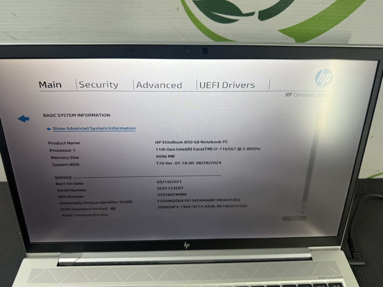 HP EliteBook 850 G8 i7-1165G7 2.8GHz 4GB DDR4 NO SSD NO BATTERY – READ