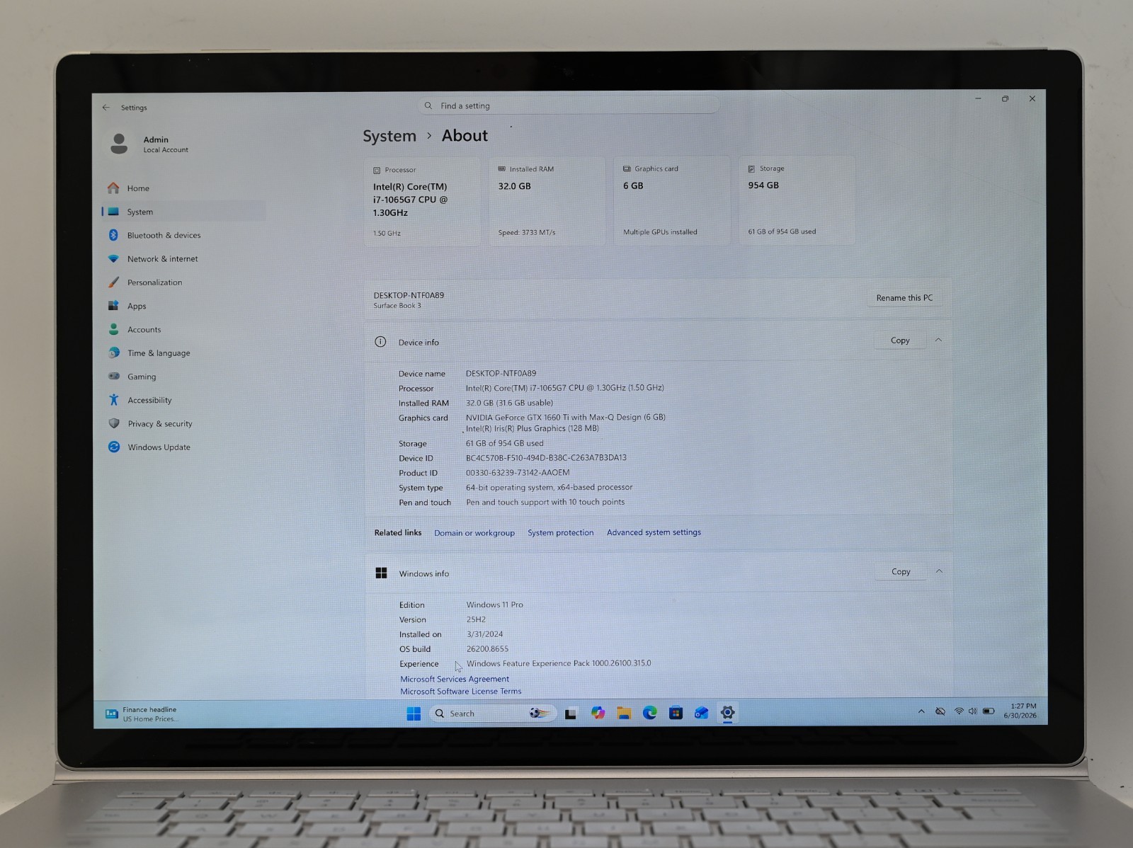 Microsoft Surface Book 3 i7-1065G7 1.3GHz 32GB RAM 1TB SSD Windows 11 Pro