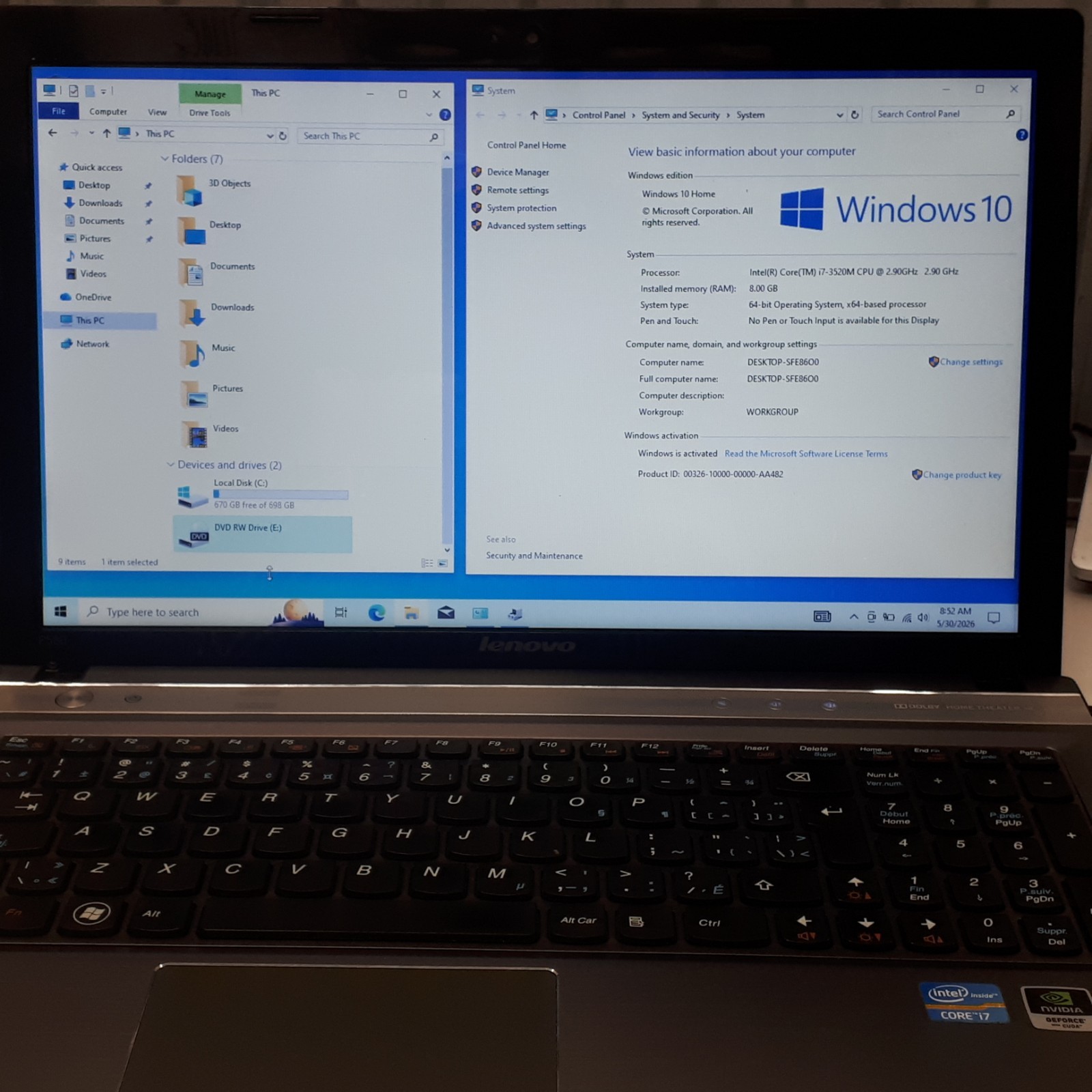 Lenovo IdeaPad P580 15.6″ Laptop i7-3520M 8GB RAM 750GB HDD GT 630M Win 10 W/CAM
