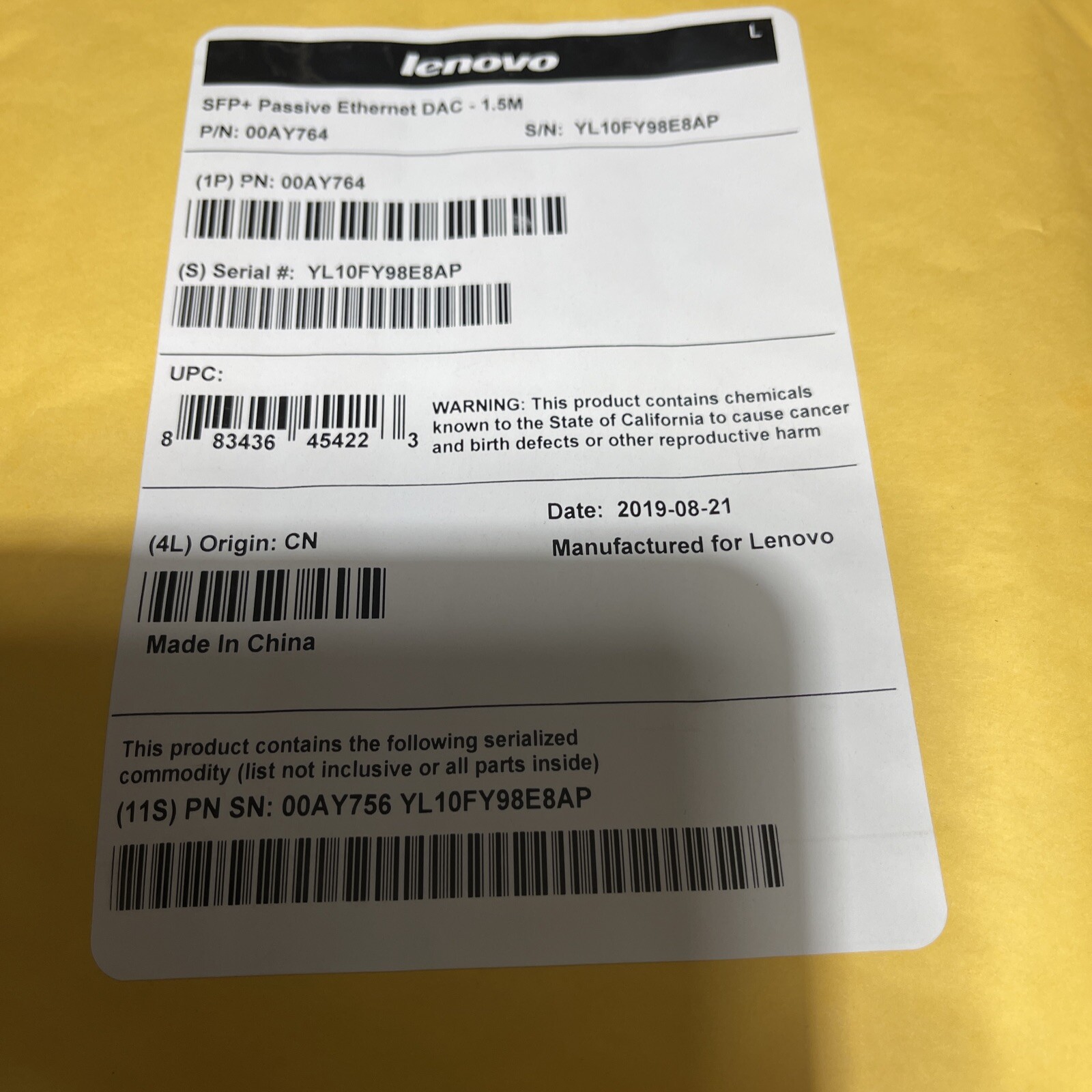 Lenovo 00AY764 SPF +Passive Ethernet DAC Brand New Factory Sealed