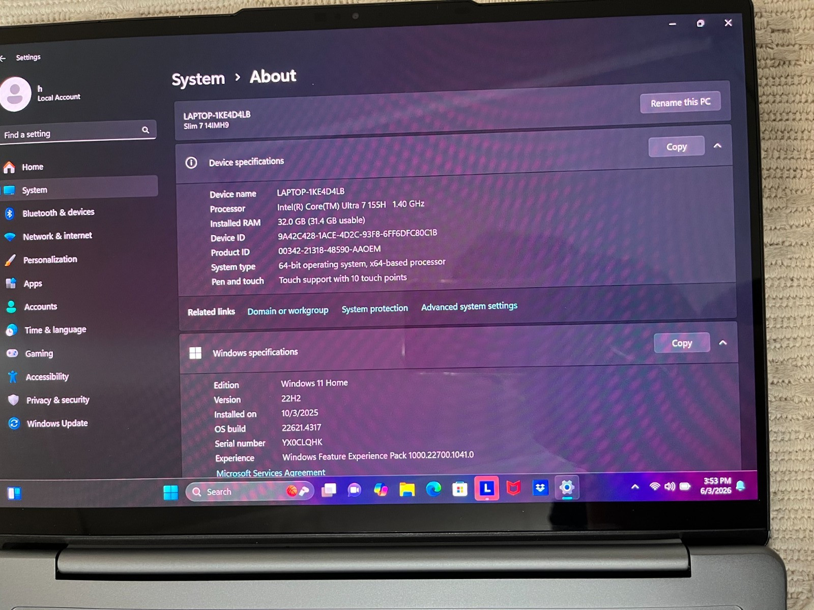 Lenovo Ideapad Slim 7i 14″ OLED Touch Laptop 7-155H 32GB 1TB 83D80003US