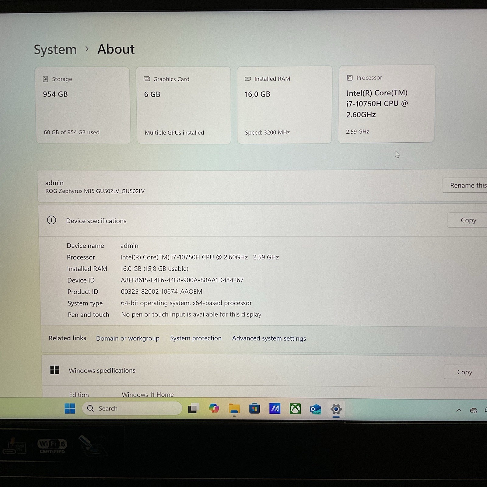 ASUS ROG Zephyrus M15 GU502L i7-10750H 16GB RAM 1TB SSD RTX 2060 Gaming Laptop