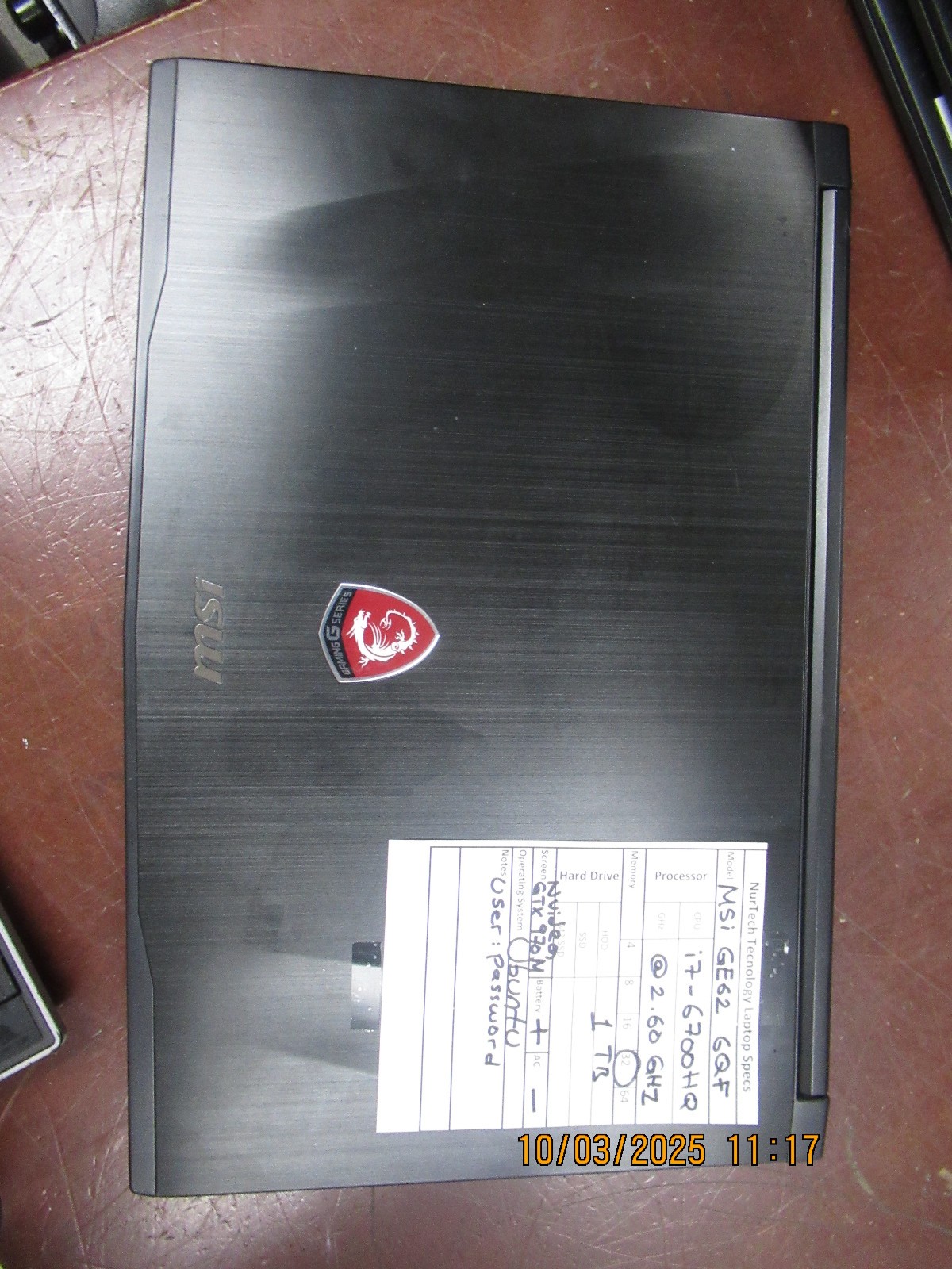 MSI GE62 6QF i7 6700HQ 2.60GHz 32GB 1TB HDD NVIDIA GTX 970M Ubuntu Laptop[No AC]