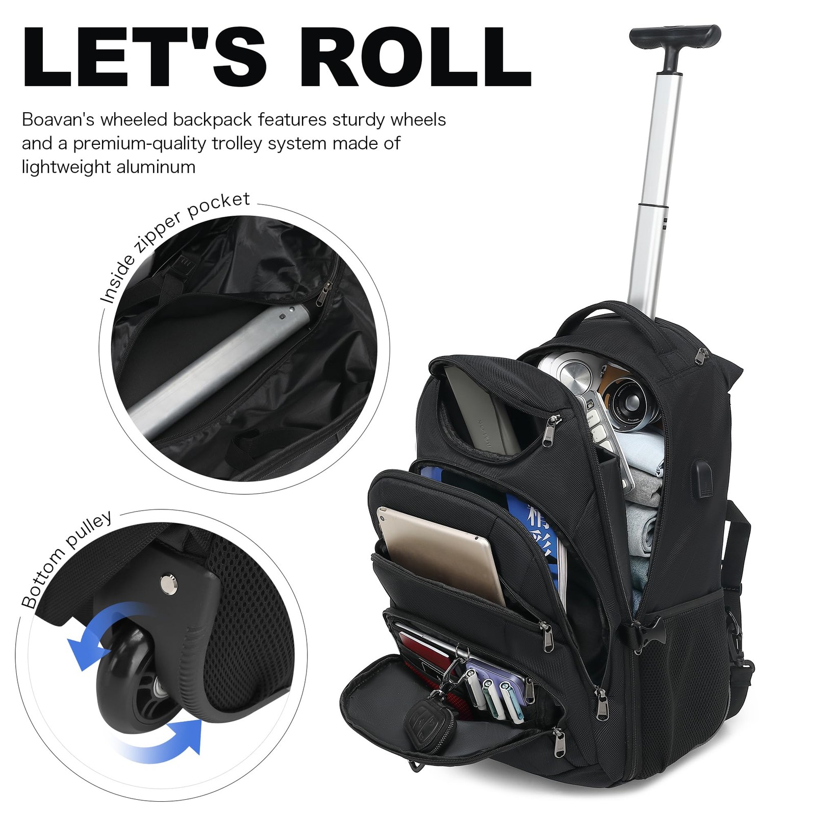 Boavan Rolling Backpack,17 inch Water Resistant Wheeled Backpack,Carry on Luggag