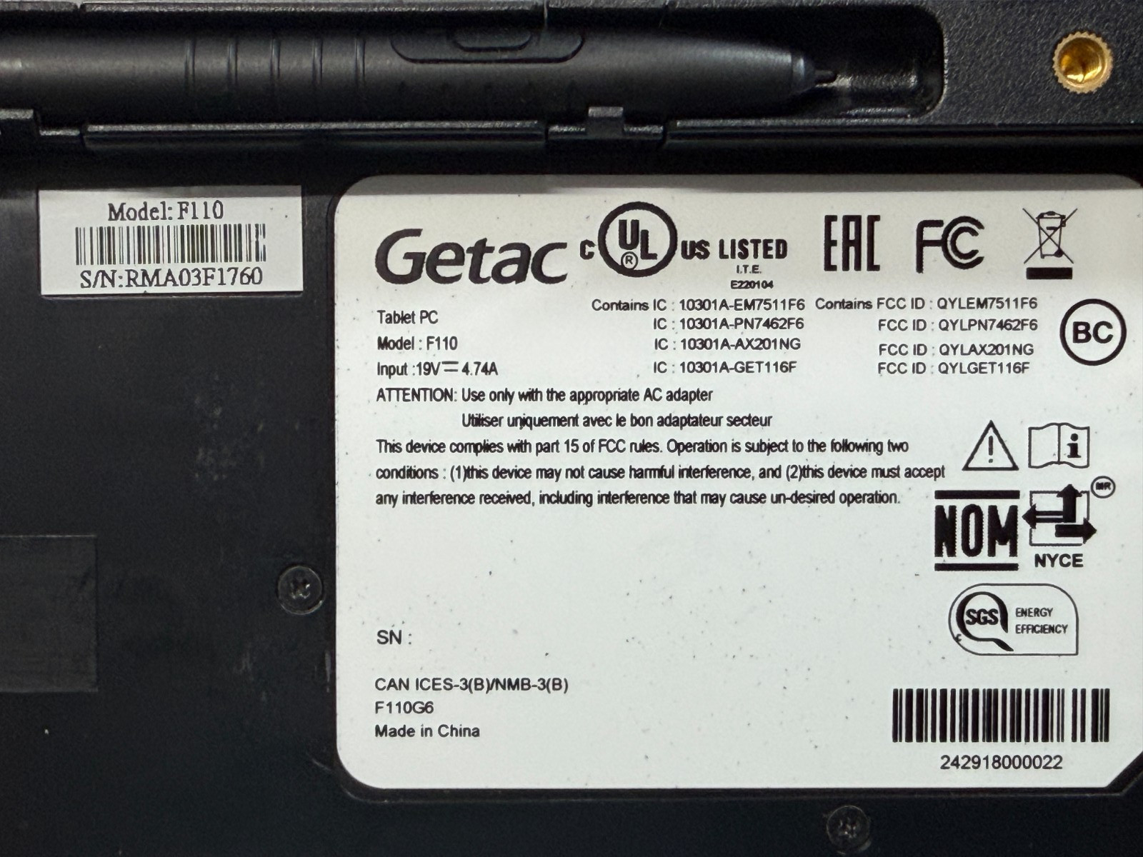 Getac F110 G6 11.6″ i7-1165G7 8GB RAM NO SSD/BATT/AC BIOS LOCKED PARTS