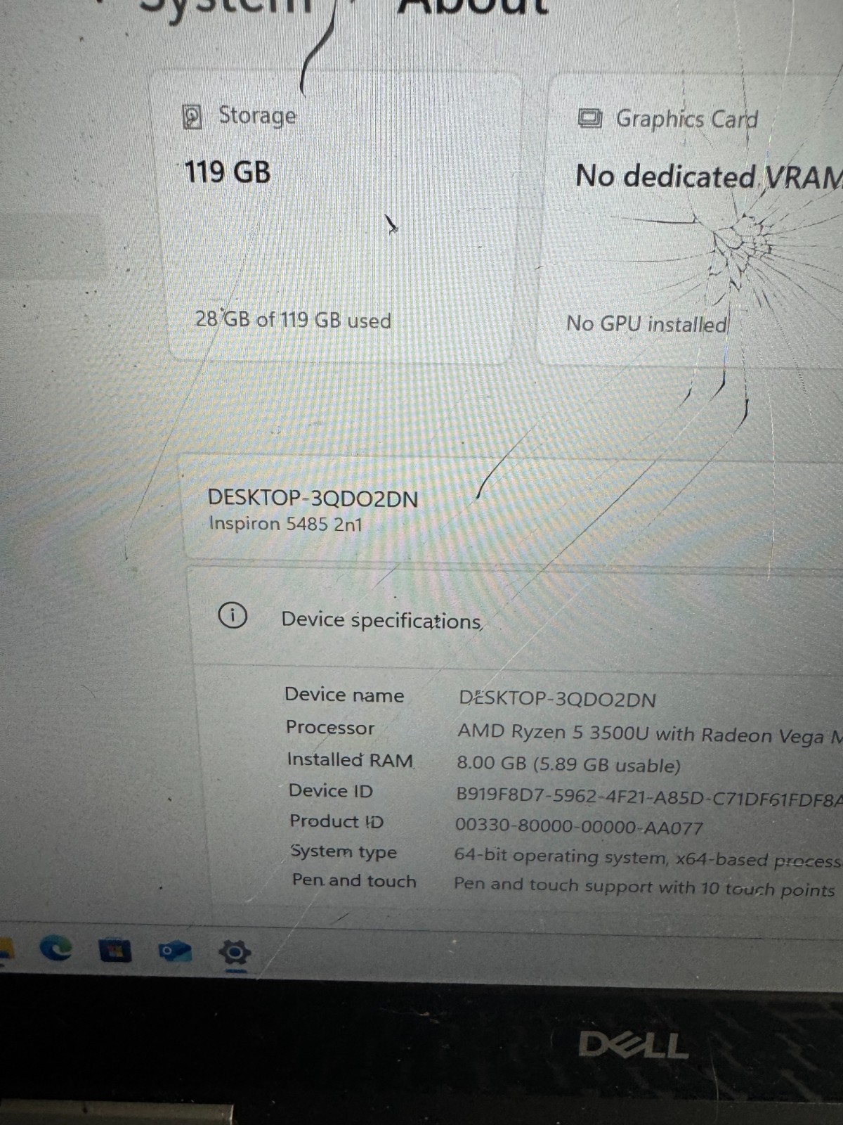 Dell Inspiron 5485 2 in 1 Ryzen 5 3500U, 8GB RAM, 120GB SSD, Win11 *READ #5299