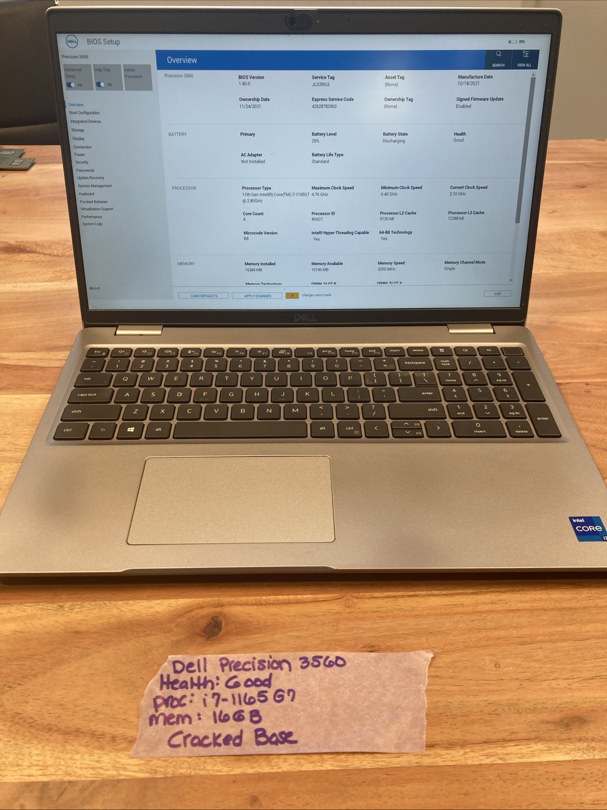 Dell Precision 3560 i7-1165G7 16GB RAM Quadro T500 Laptop (No HDD/OS/Adapter)