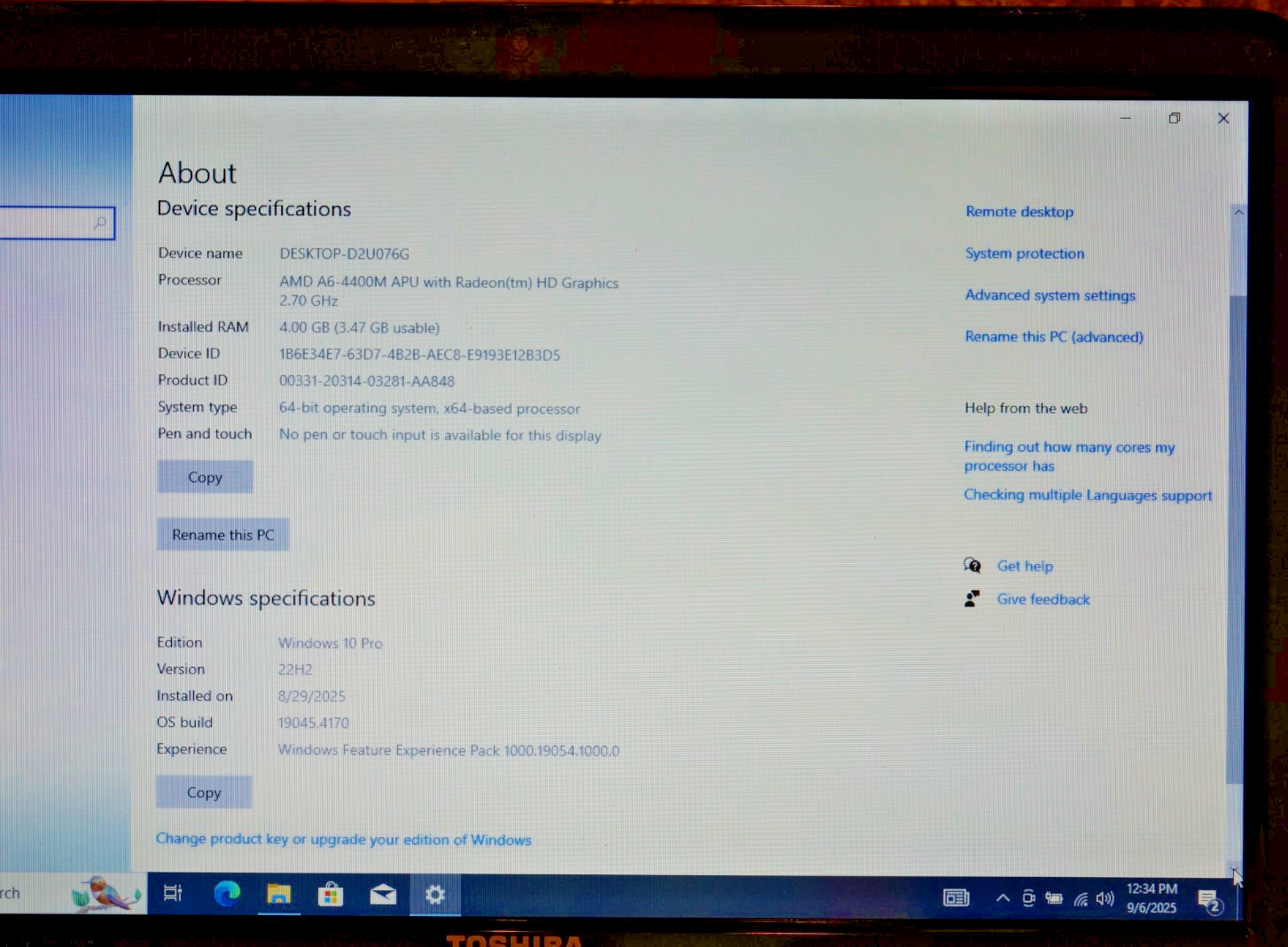 Active 22H2 Version WIN10 PRO Toshiba C855D AMD A6@2.70GHz,4GB RAM,720GB HDD