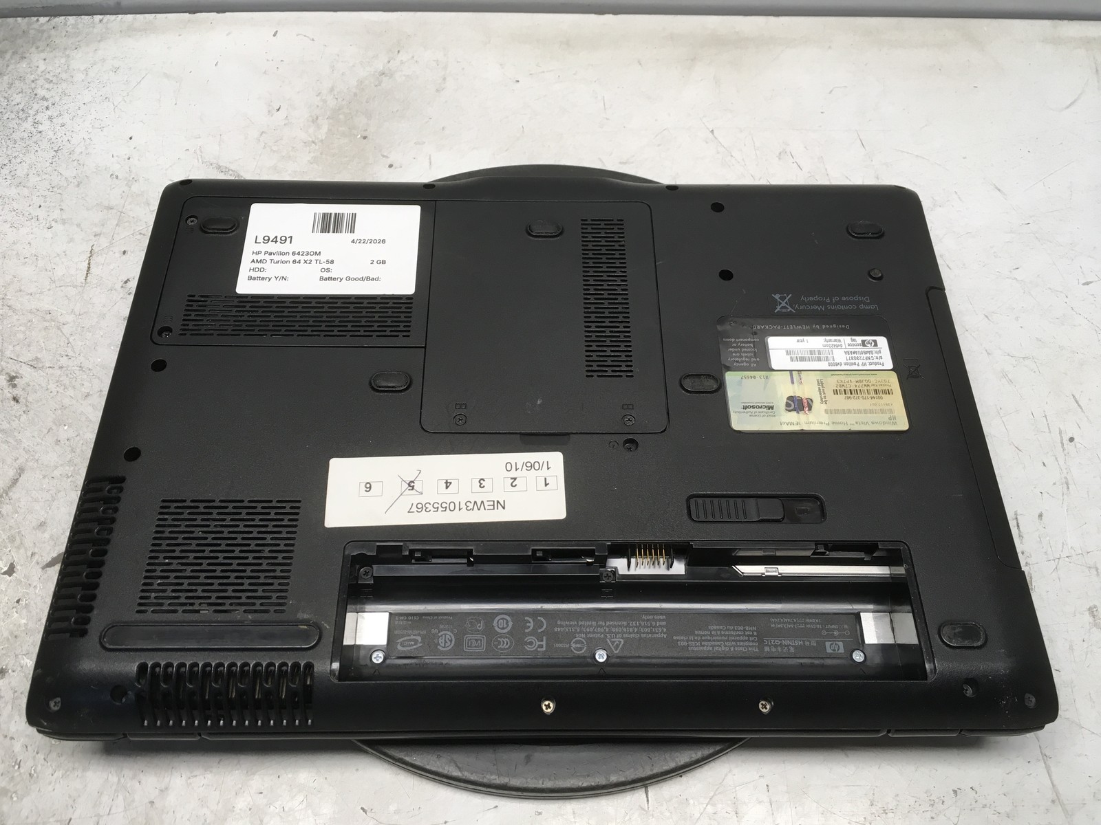 HP Pavilion 6423OM AMD Turion 64 X2 TL-58 1900MHz 2 GB NO HDD No Batt