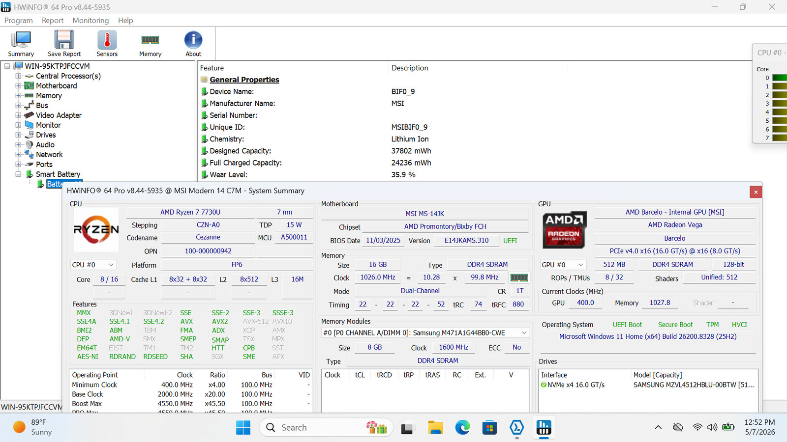 MSI Modern 14 C7M 14″ FHD RYZEN 7 7730U 512GB 16GB W11 Backlit FREE SHIPPING