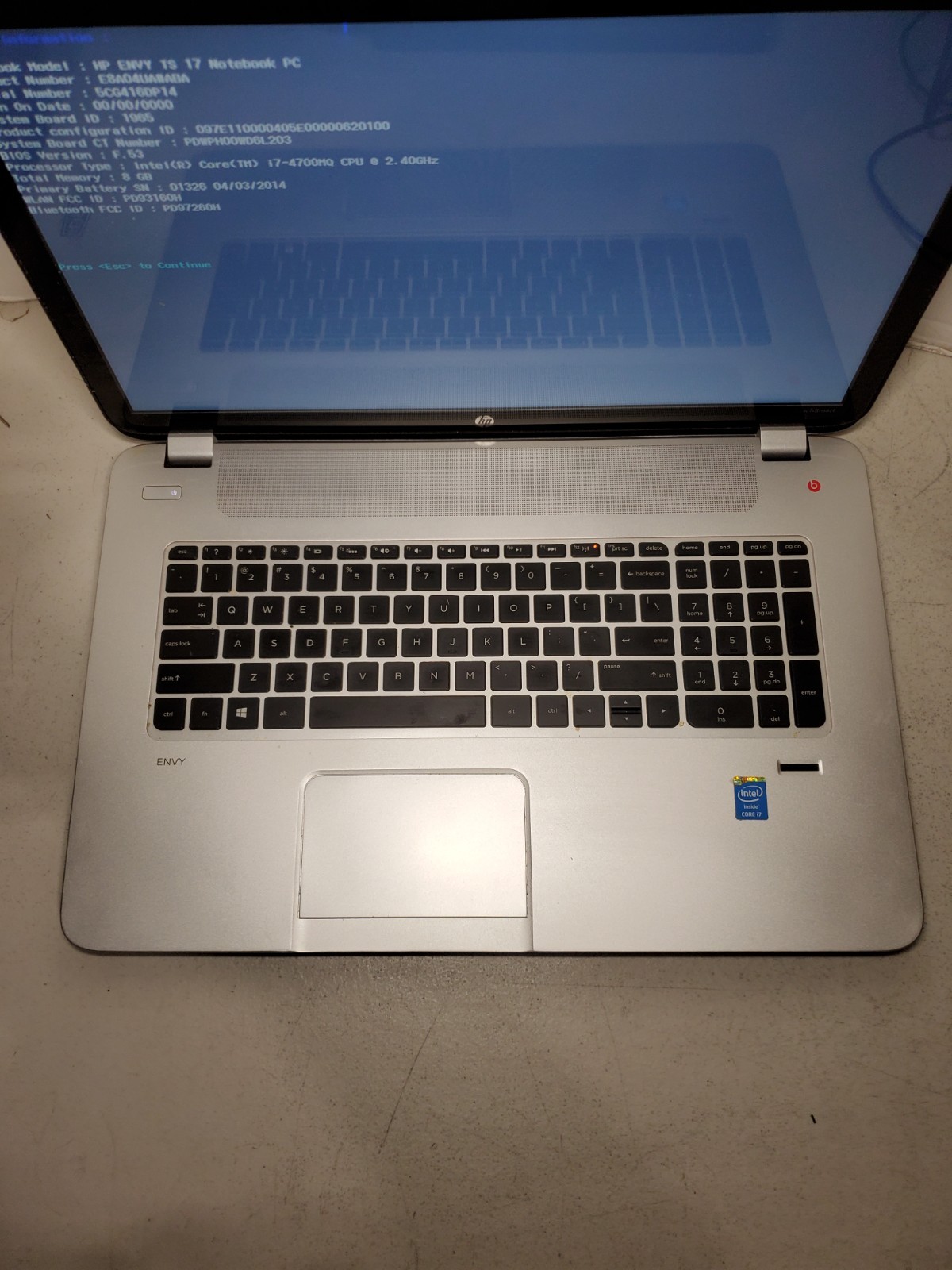 HP ENVY TS 17 CORE i7-4700MQ 8GB RAM No HDD/SSD/OS! BIOS PW! #69