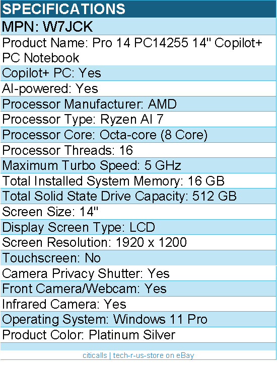 Dell W7JCK Pro 14 PC14255 14″ Copilot+ PC Notebook -Full HD -Platinum Silver