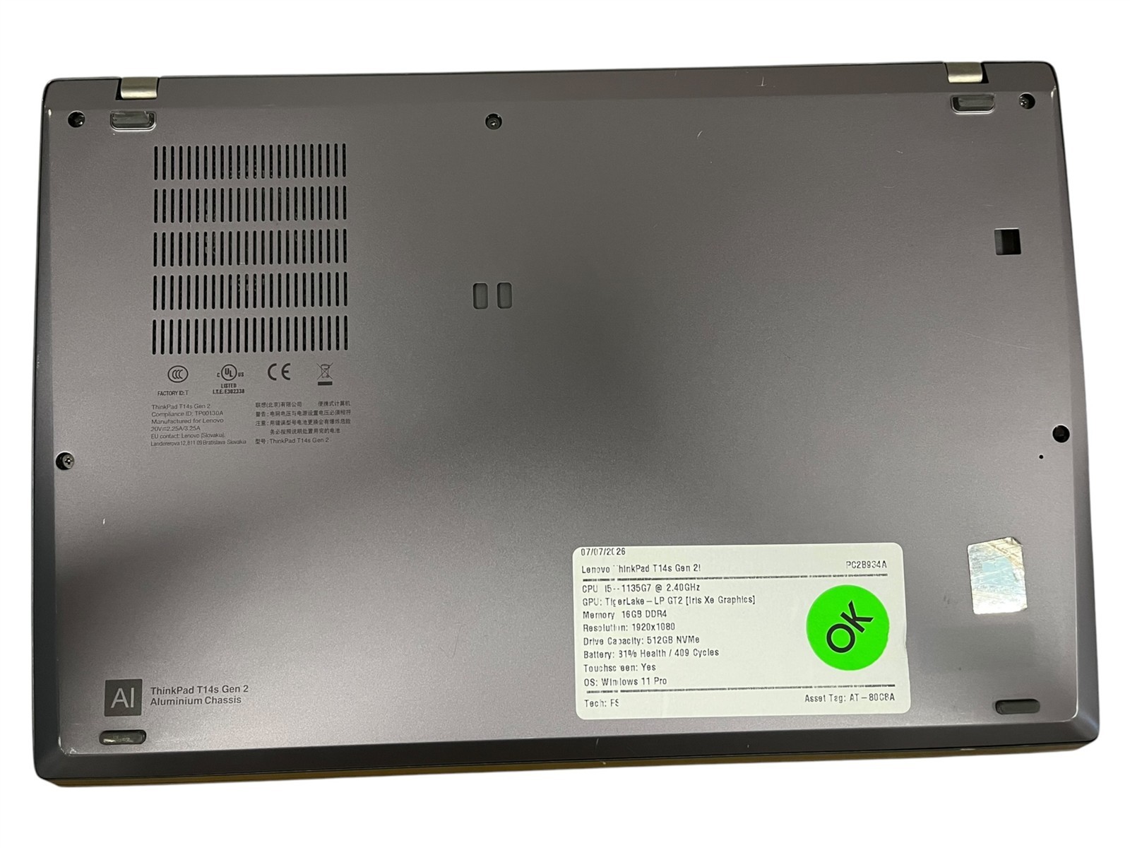 Lenovo ThinkPad T14s Gen 2i i5-1135G7 2.40GHz 16GB DDR4 512GB W11PRO 14″ Laptop