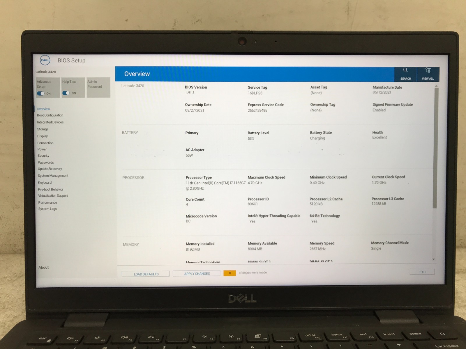 Dell Latitude 3420 / Intel Core i7-1165G7 1.70GHz / 8GB RAM / No SSD