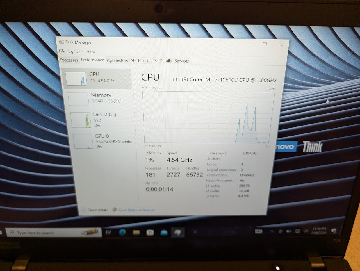 Lenovo T14 G1 i7-10610U 48GB RAM/500 GB SSD – Win 10 Pro TOUCHSCREEN Dec 24 WTY