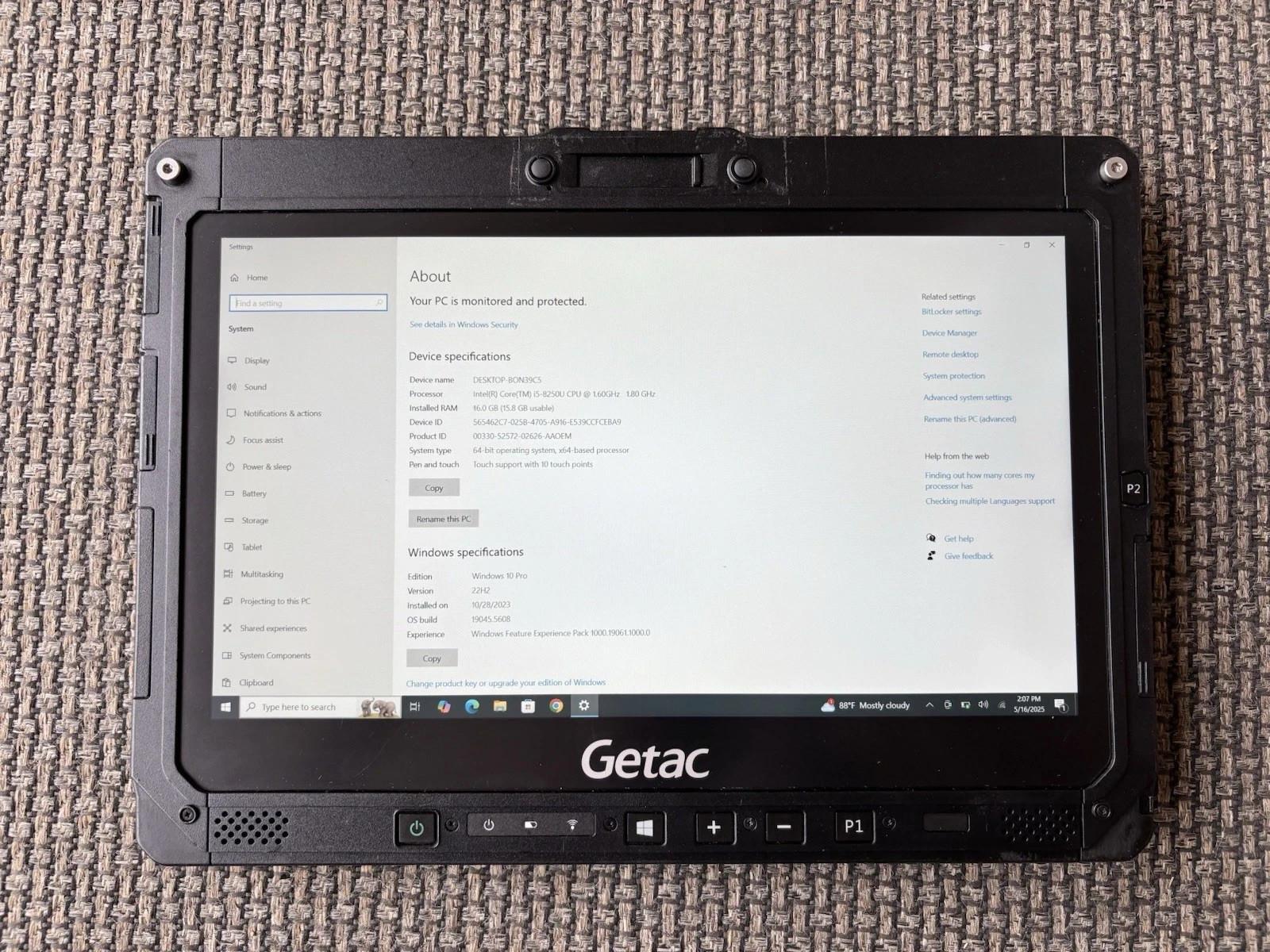Getac K120 Rugged Tablet Touch i5-8250U 1.60Ghz 16GB 256GB SSD Win 10 pro