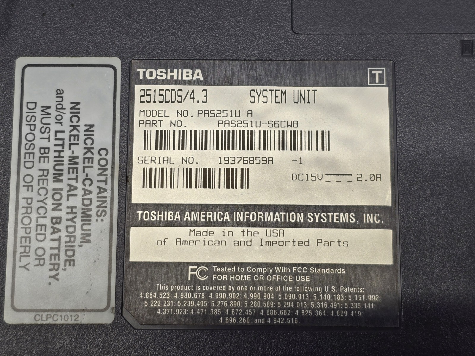 Toshiba Satellite 2535CDS Laptop No Power Adapter Screen Intact – For Parts Only