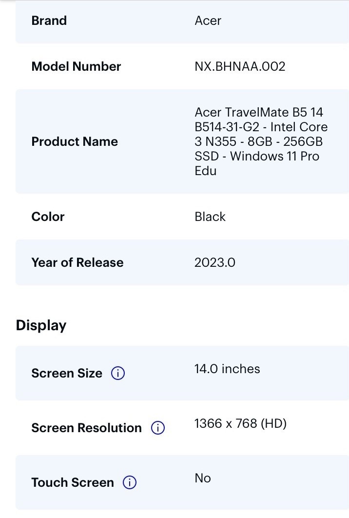 NEW Acer 14″ TravelMate B5 14 Core i3 N355 UHD 8GB RAM 256GB SSD B514-31-G2