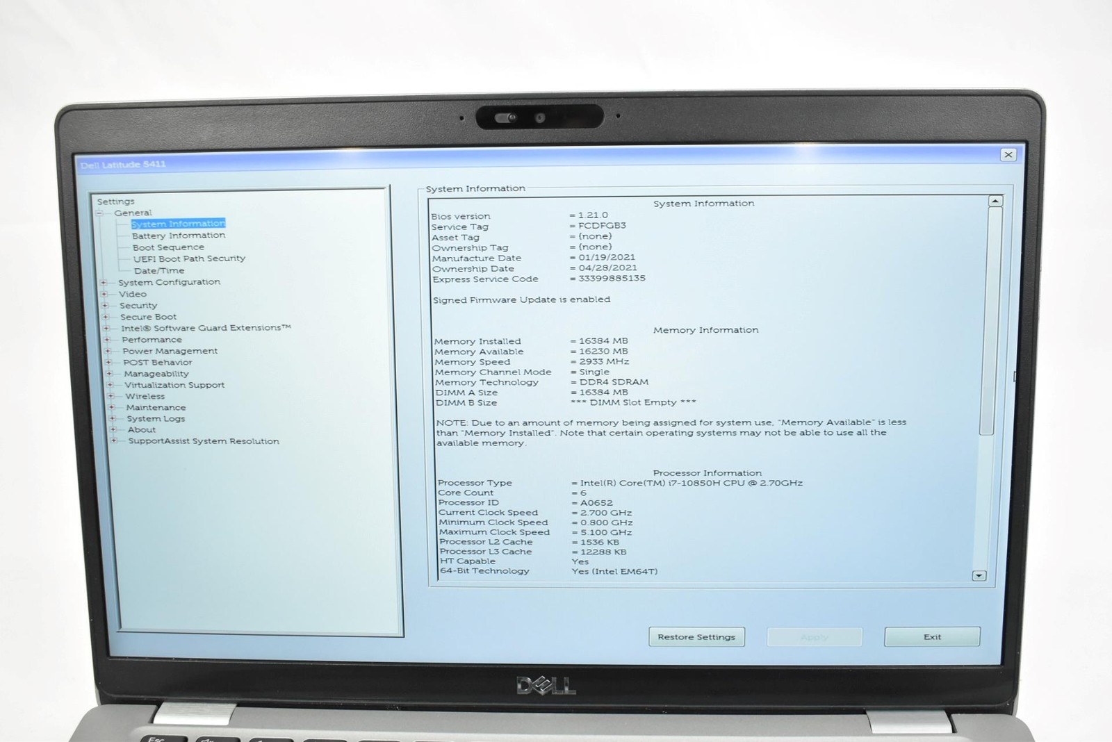 Dell Latitude 5411 Laptop i7-10850H 2.7GHz 16GB 256GB SSD 14″ No OS *See Details