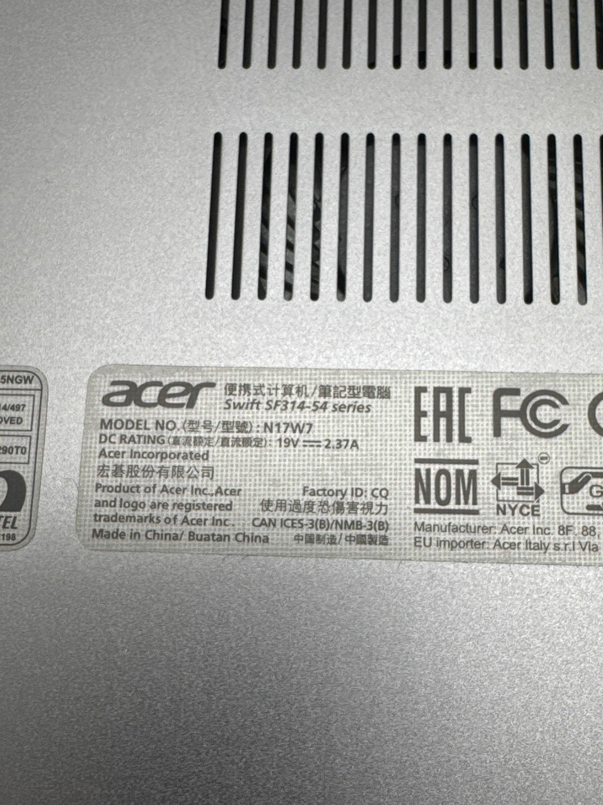 Acer Swift 3 SF314-54 14″ Core i5-8250U 8GB 256GB SSD No Power / bad battery