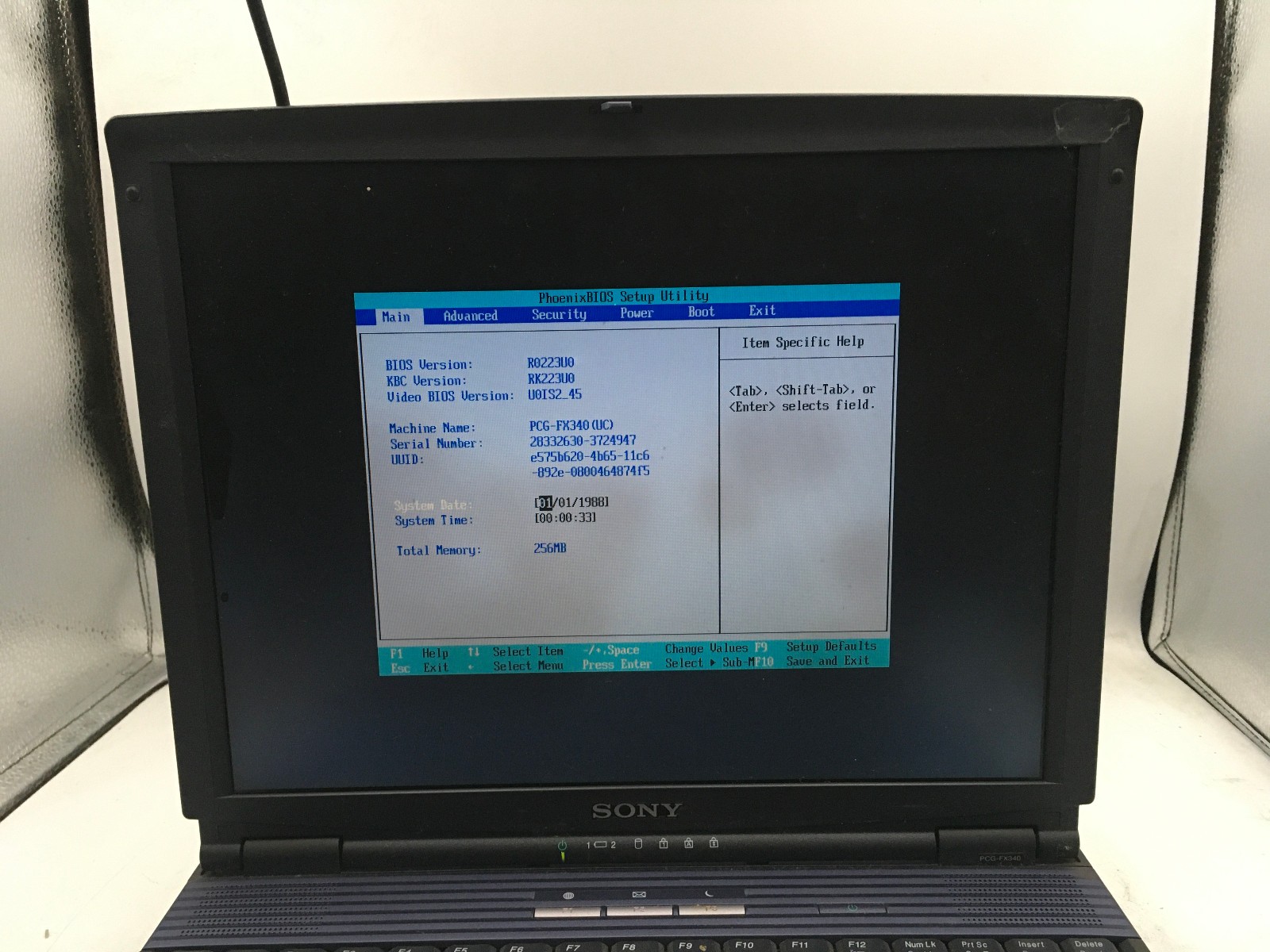 SONY VAIO PCG 993L – BOOTS TO BIOS – INTEL PENTIUM III – 256MB RAM – 14″-READ-BB