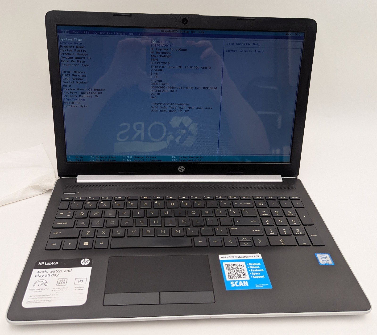 Incomplete HP Notebook 15-da0032wm 15.6″ Laptop Intel i3-8130U 2.20GHz 8GB RAM