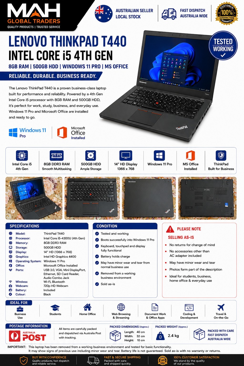 LENOVO THINKPAD T440 | INTEL CORE i5 4TH GEN | 8GB RAM | 500GB HDD | WINDOWS 11