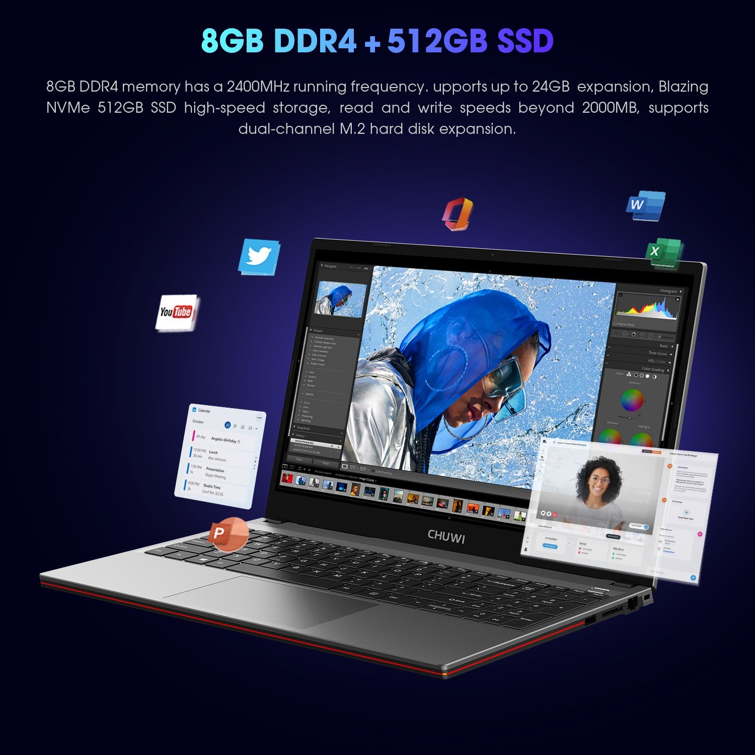 CHUWI 14.1” Laptop Computer Intel Core 8GB RAM 512GB SSD WiFi Windows 11