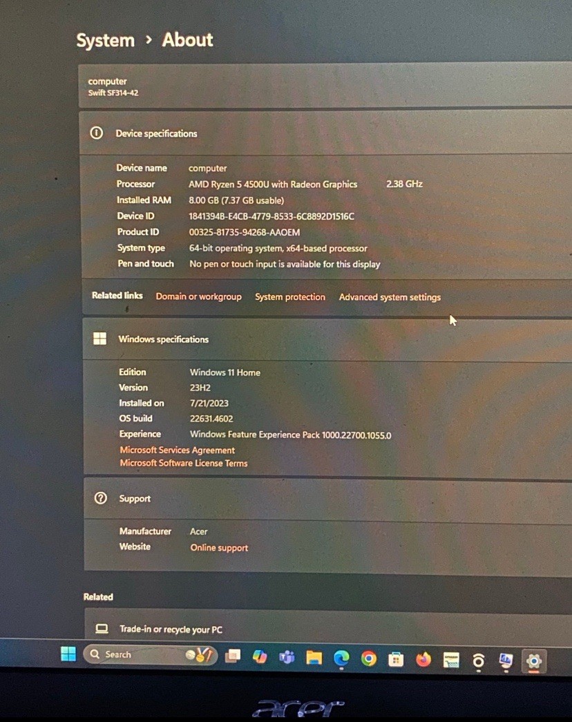 Acer Swift 3 14” (256 GB SSD,AMD Ryzen 5, 2.30GHz, 8GB) Read Laptop