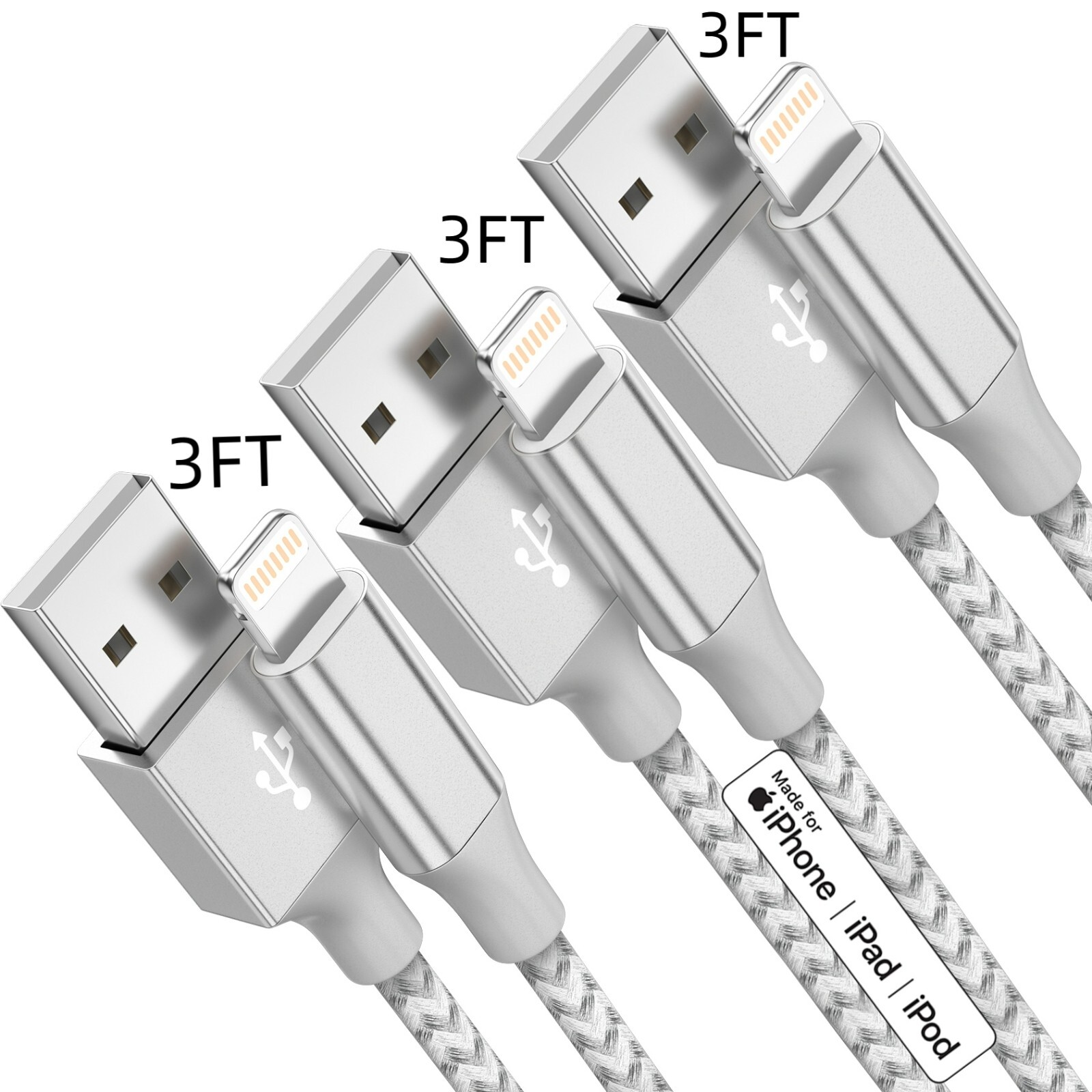 3 pack Fast Charger 3FT (1m) MFI Certified USB-A Cable For iPhone Charging Cord