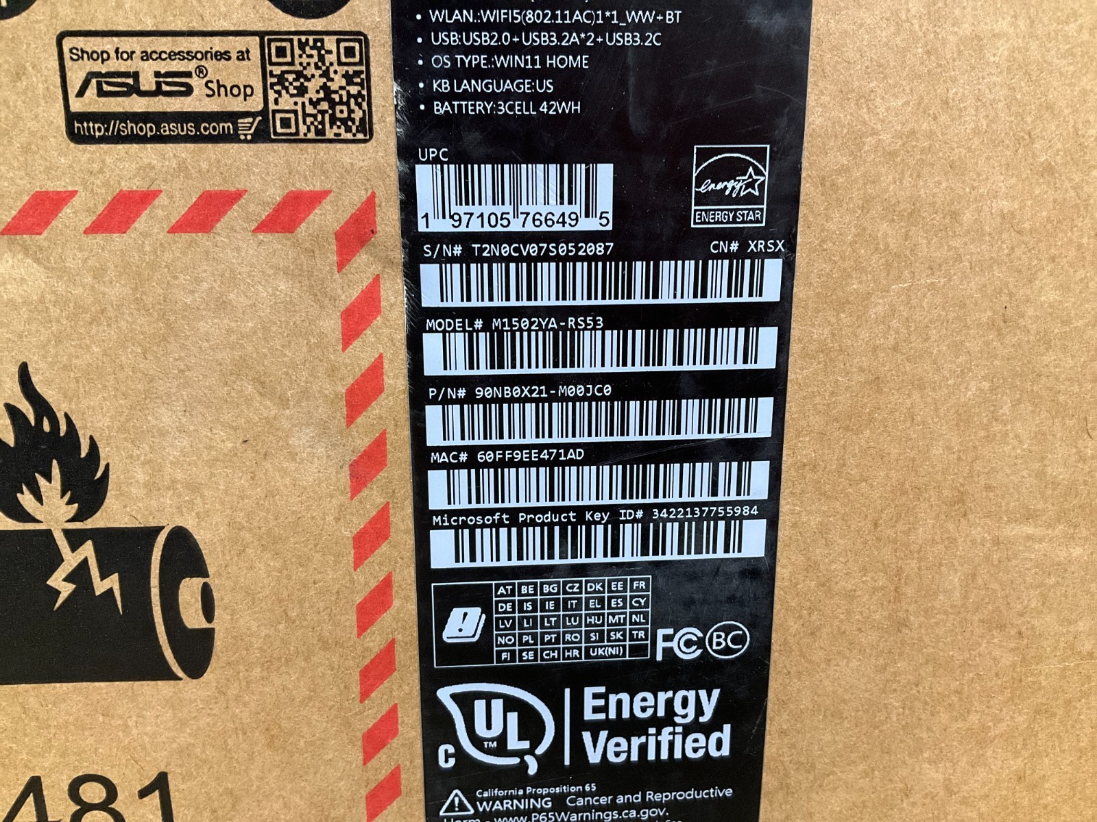 Asus VivoBook 15 R5-7430U 8GB 512GB BT5 WiFi6 15.6F W11H M1502YA-RS53 ✅❤️️✅❤️