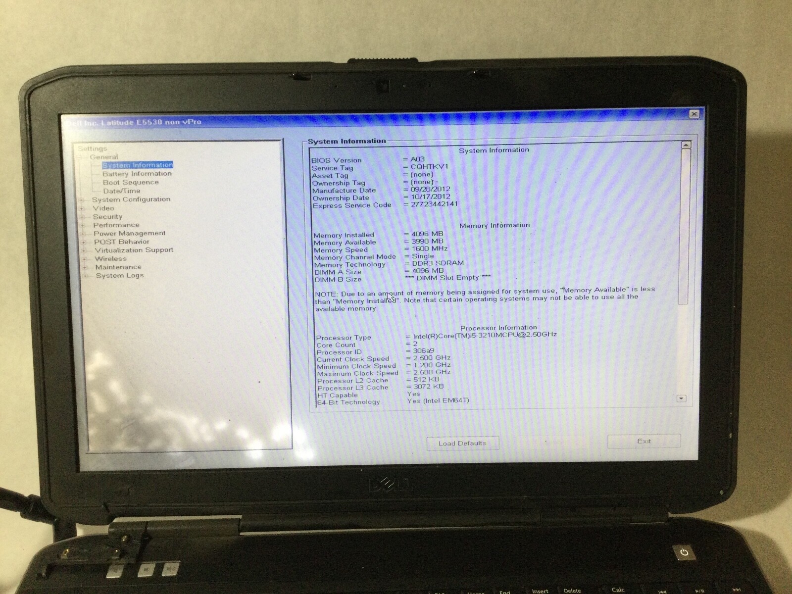 DELL LATITUDE E5530 – BOOTS TO BIOS – INTEL I5 3210 – NO RAM -READ DESCRIP – BB!