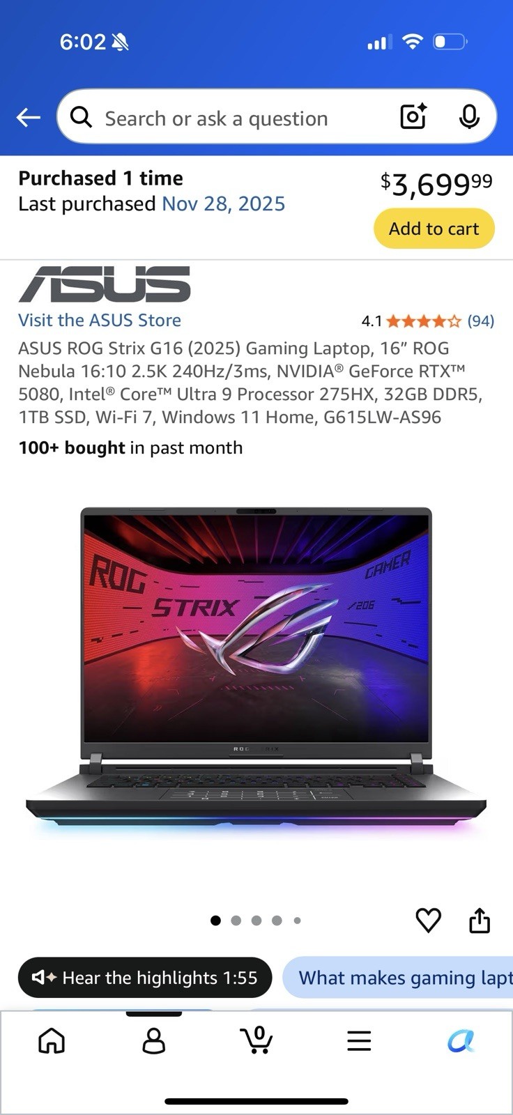 ASUS ROG Strix G 16in Gaming Laptop RTX 5080 32GB RAM 2TB SSD Windows