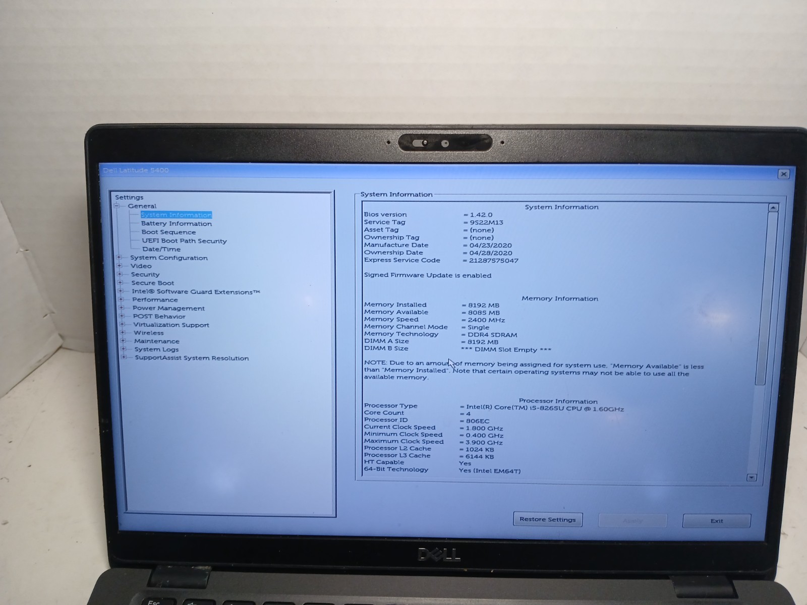 Dell Latitude 5400 i5-8265U 8GB RAM No SSD/HDD/OS! *READ* #97