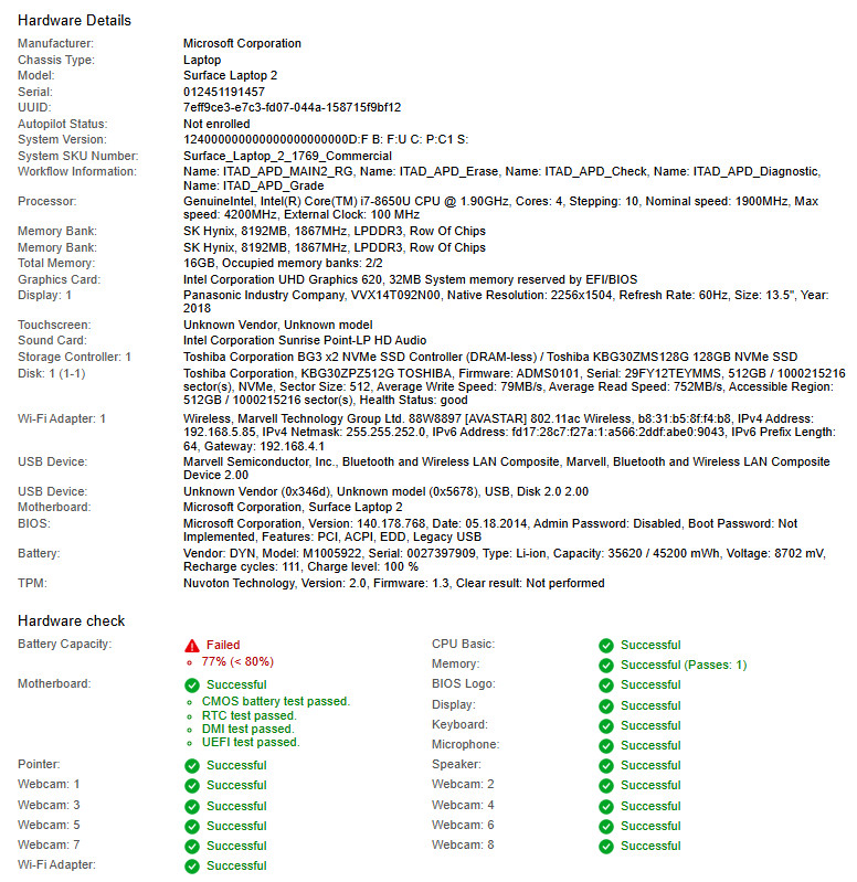 Microsoft Surface Laptop 2, i7-8650U, @ 1.90GHz, 16GB RAM, 512GB NVMe-No OS/AC