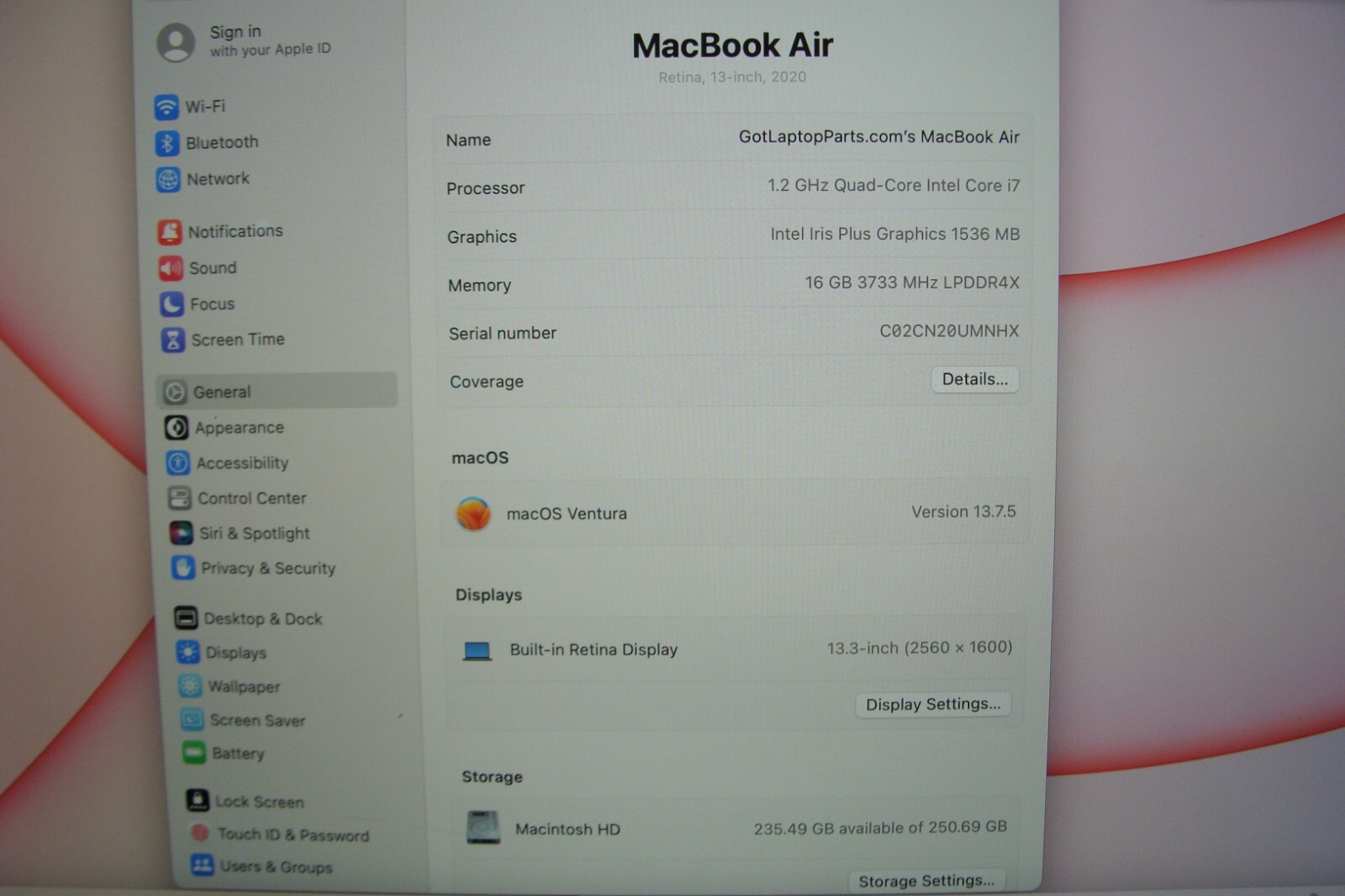 Apple MacBook Air 13″ A2179/BTO (2020) i7-1060NG7 1.2GHz 16GB 256GB OS Ventura
