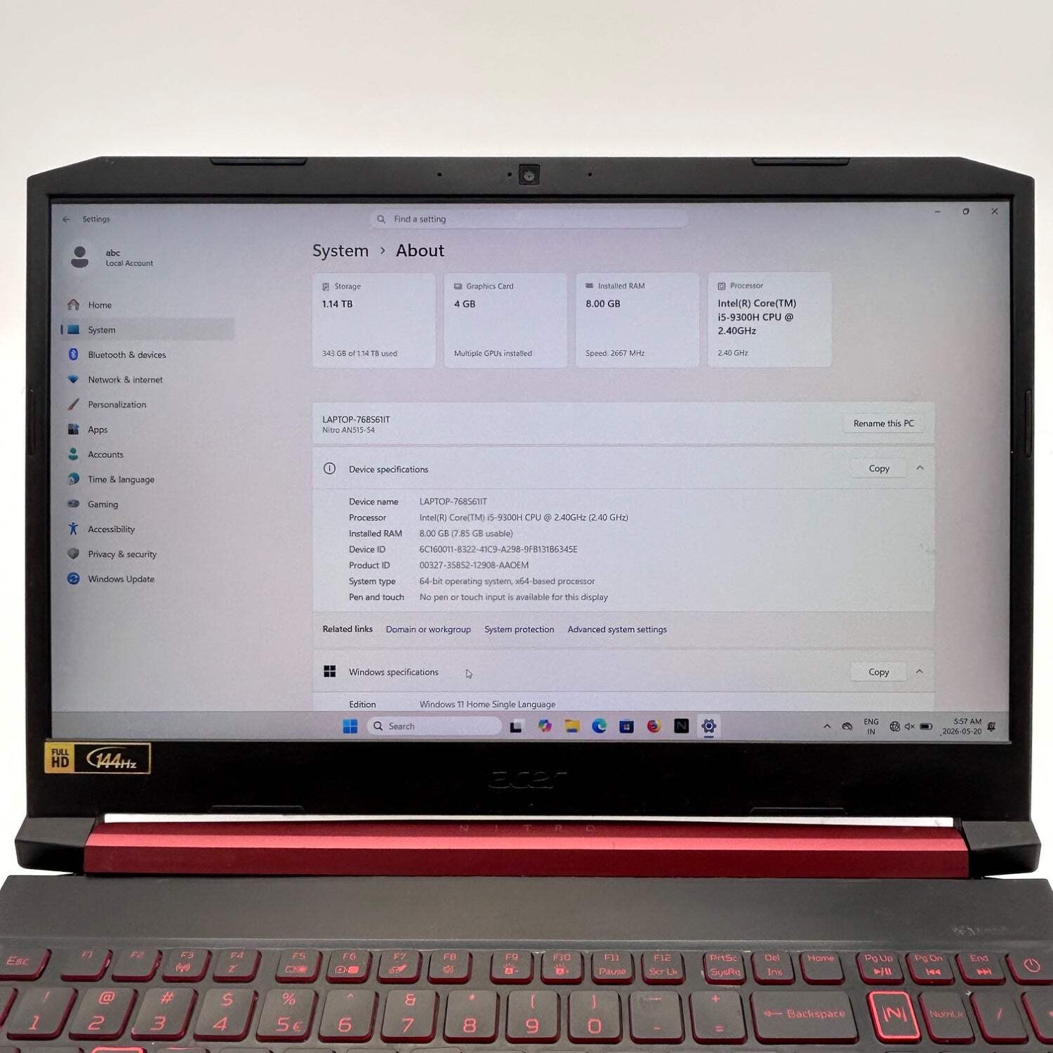 Broken Acer Nitro 5 AN515‑54 15.6″ i5-9300H 8GB 1TB & 256GB SSD For Parts “Read”